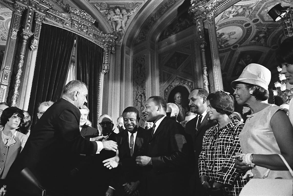 Yoichi Okamoto/LBJ Library via Wikimedia Commons President Lyndon Johnson meets with Martin Luther King, Jr., at the signing of the Voting Rights Act, August 6, 1965.