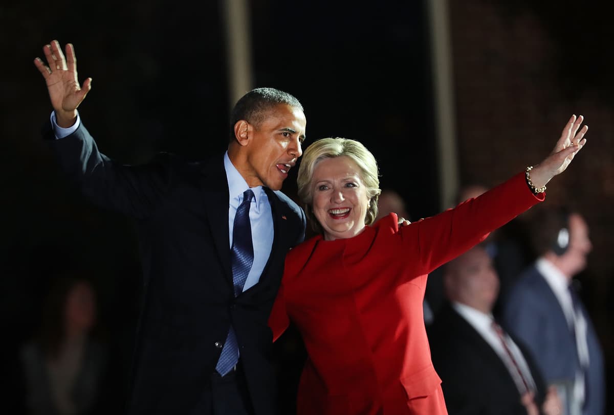 Spencer Platt/Getty Images Secretary Hillary Clinton stands with President Obama during an election rally on November 7, 2016 at Philadelphia.