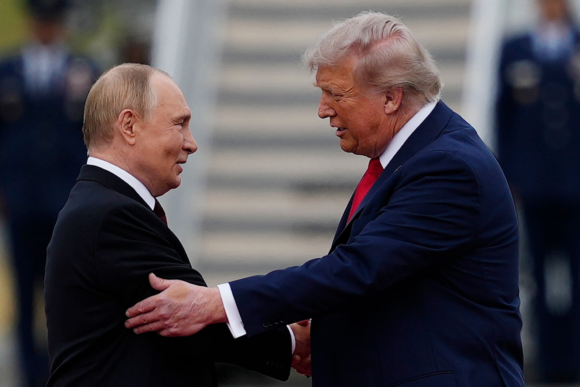Julia Demaree Nikhinson/AP President Trump greets Russia's president, Vladimir Putin at Joint Base Elmendorf-Richardson, Alaska, on August 15, 2025.