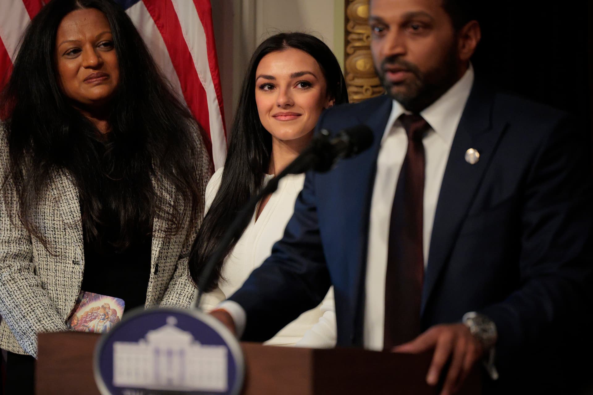 Chip Somodevilla/Getty Images Kash Patel speaks as his girlfriend Alexis Wilkins looks on during his swearing in ceremony on February 21, 2025 at Washington, D.C.