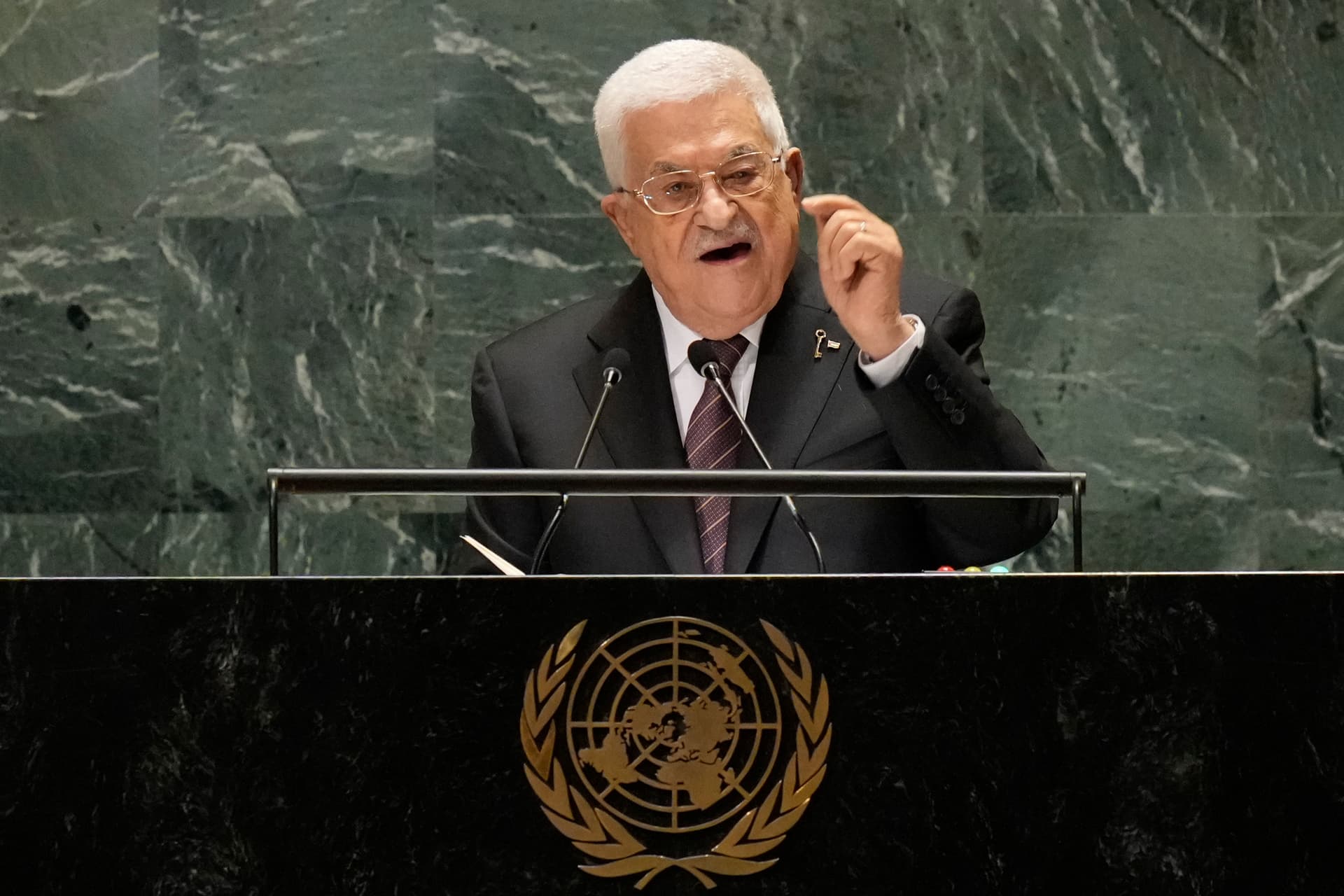 AP/Frank Franklin II President Mahmoud Abbas of the Palestinian Authority addresses the United Nations General Assembly at New York, September 26, 2024.