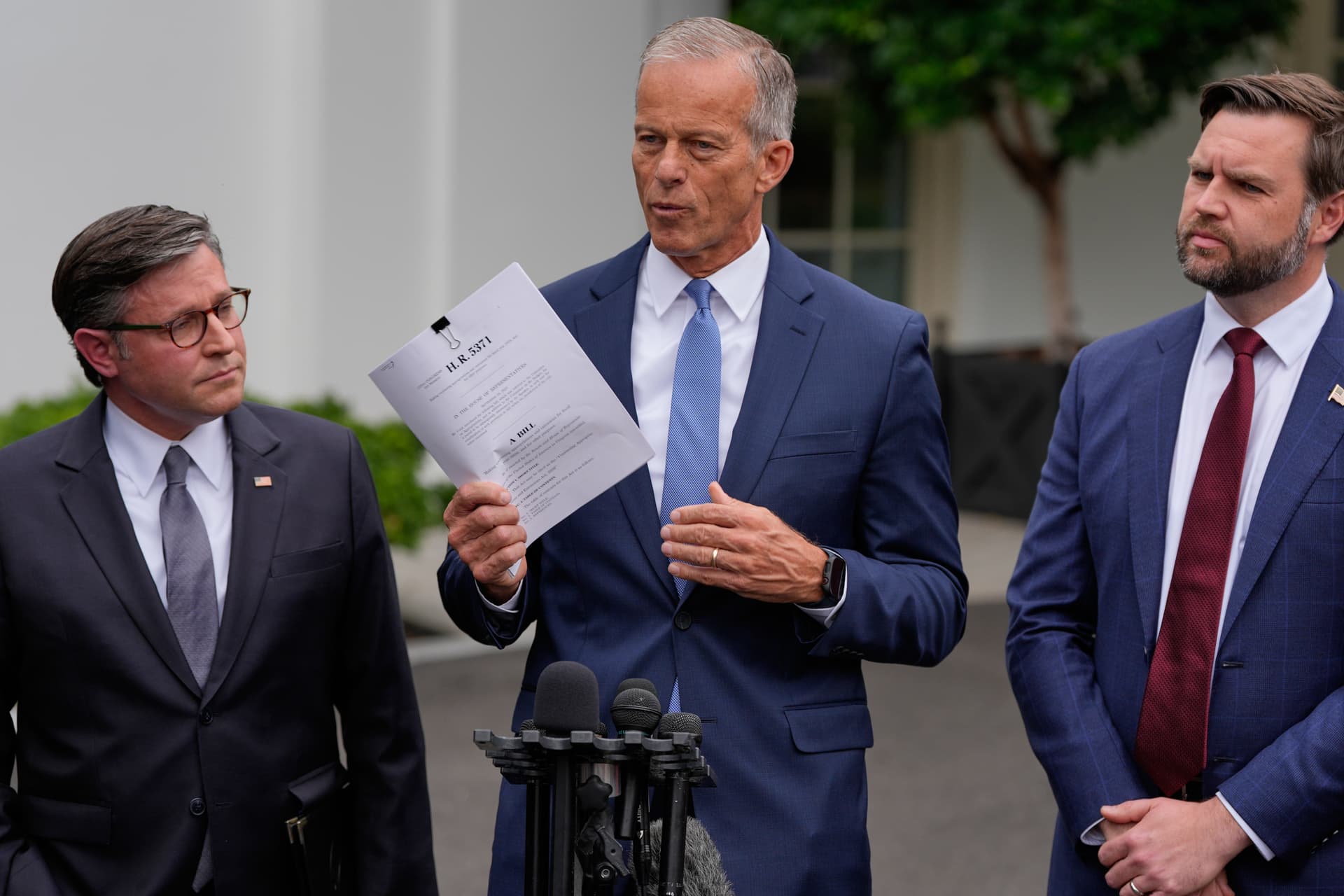 AP/Alex Brandon Senator John Thune talks to reporters outside the White House, September 29, 2025.