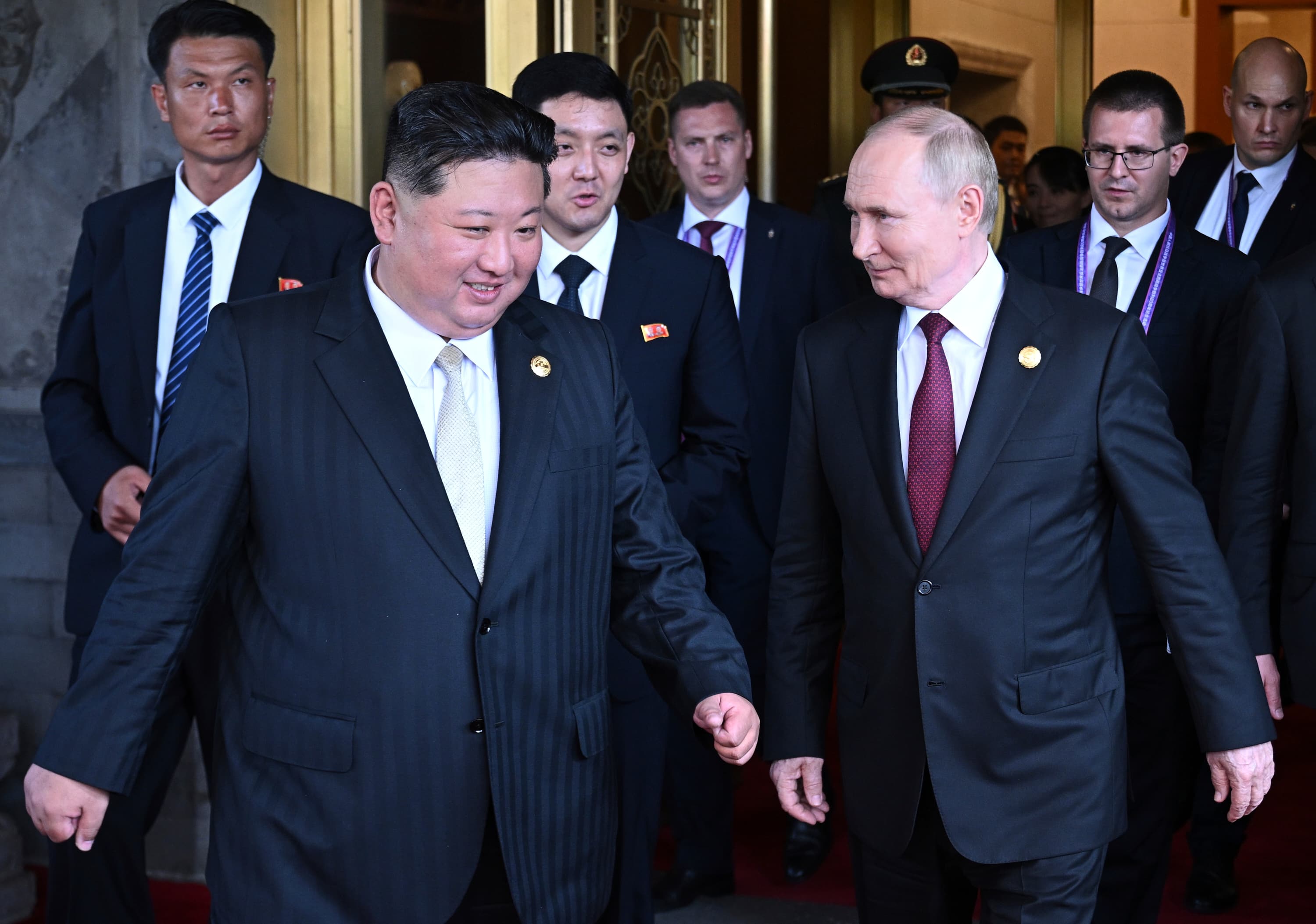 North Korea's Kim Jong-un and Russia's Vladimir Putin after their meeting at Diaoyutai State Guesthouse at Beijing, September 3, 2025. North Korea's Kim Jong-un and Russia's Vladimir Putin after their meeting at Diaoyutai State Guesthouse at Beijing, September 3, 2025.