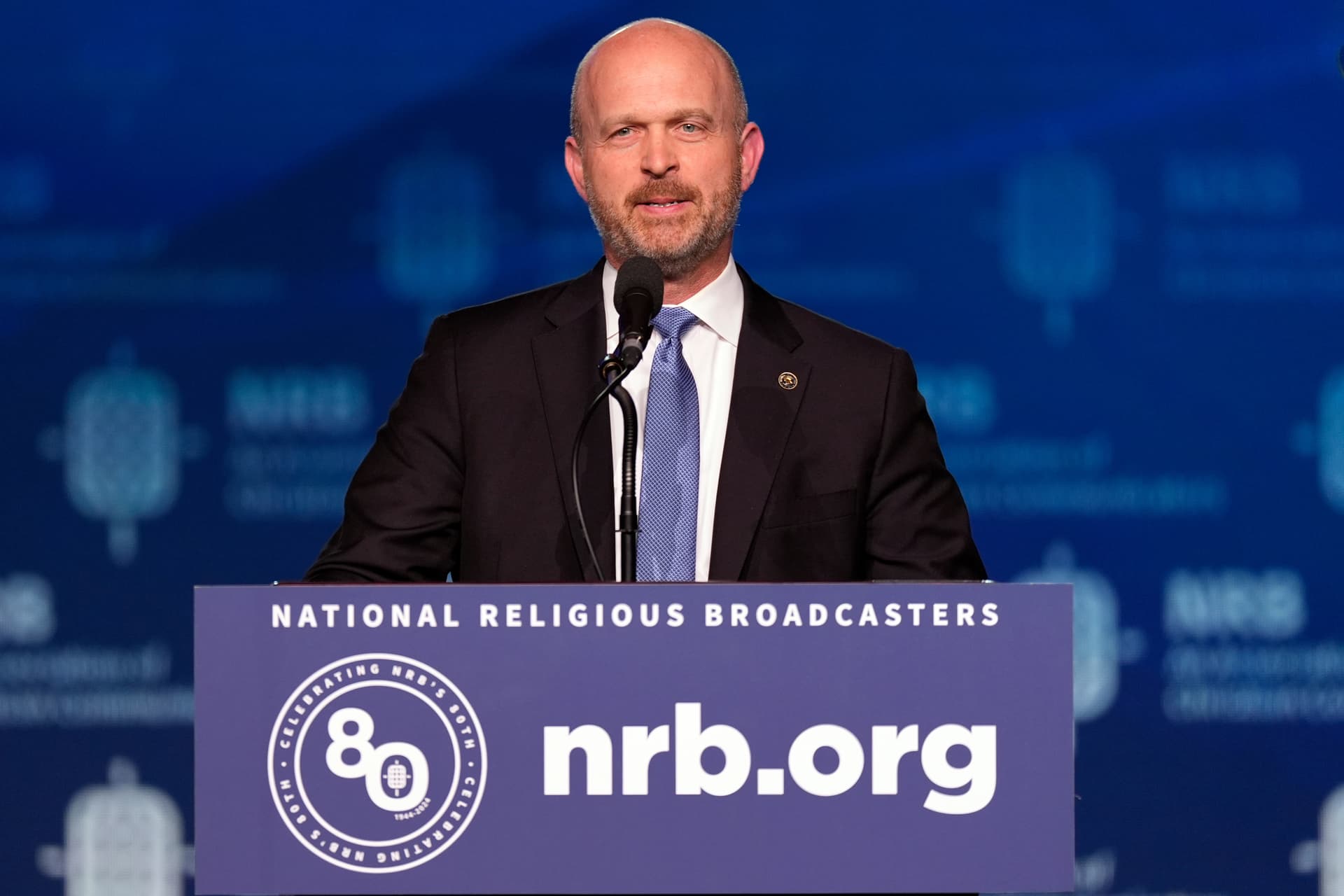 AP/George Walker IV The president of the Heritage Foundation, Kevin Roberts, speaks at the National Religious Broadcasters convention on February 22, 2024, at Nashville.