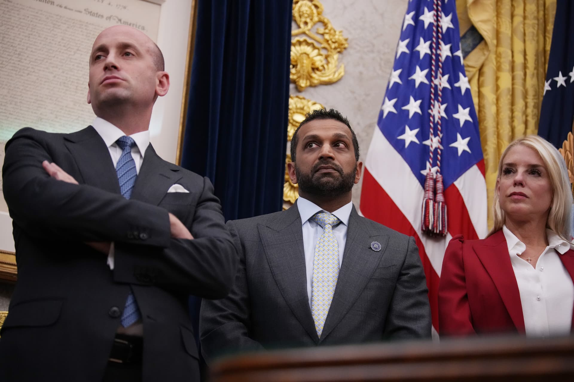Andrew Harnik/Getty Images FBI Director Kash Patel listens to President Trump before he signs executive orders in the Oval Office on September 25, 2025.