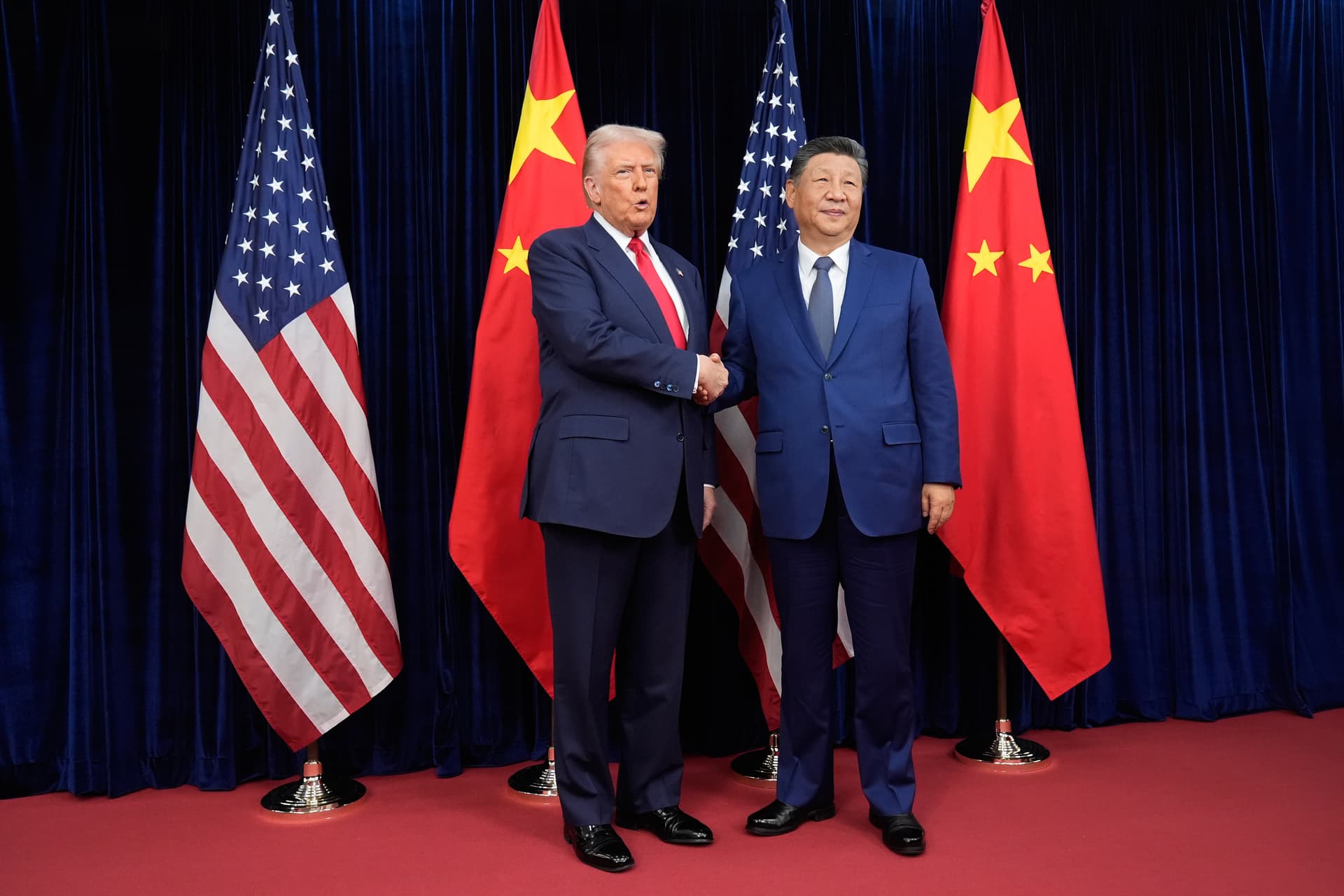 AP/Mark Schiefelbein President Trump and Chinese President Xi Jinping shake hands before their meeting at Gimhae International Airport at Busan, South Korea, Thursday, Oct. 30, 2025.
