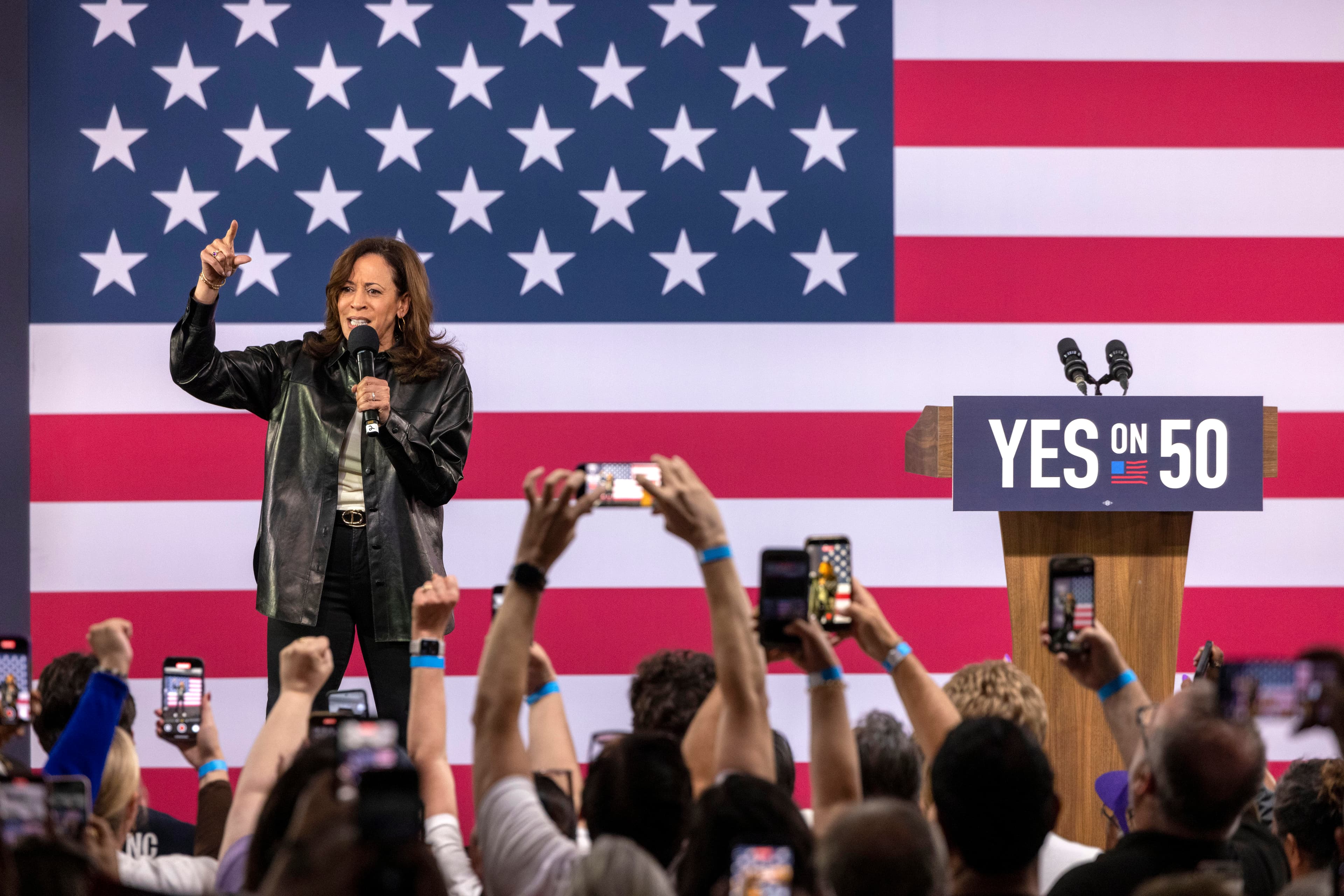 Kamala Harris speaks at a 'Yes On Prop 50' volunteer event at the LA Convention Center on November 1, 2025 at Los Angeles. Kamala Harris speaks at a 'Yes On Prop 50' volunteer event at the LA Convention Center on November 1, 2025 at Los Angeles.