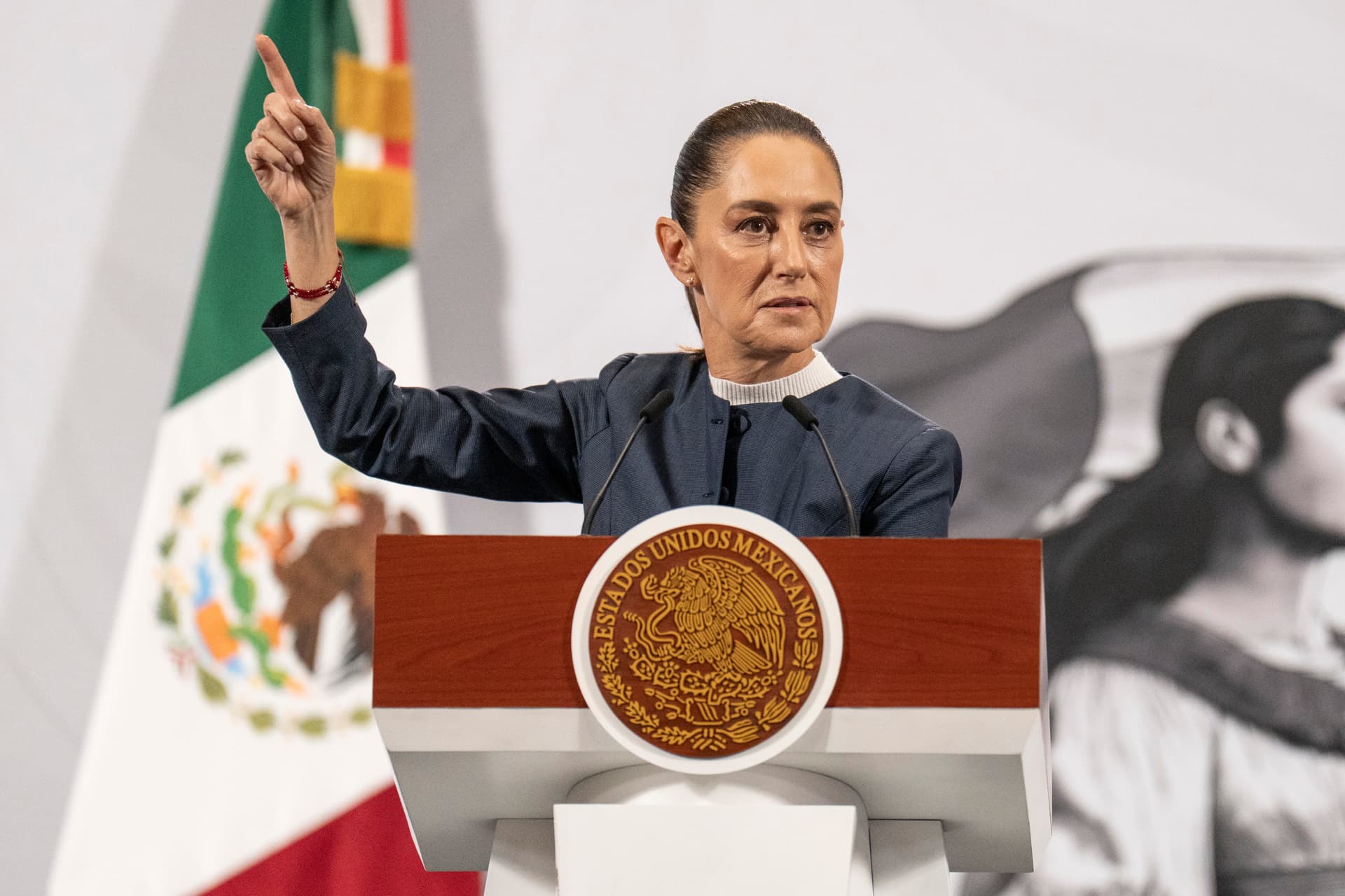 Cristopher Rogel Blanquet/Getty Images President Claudia Sheinbaum of Mexico gestures during her morning press conference at Mexico City on November 3, 2025.
