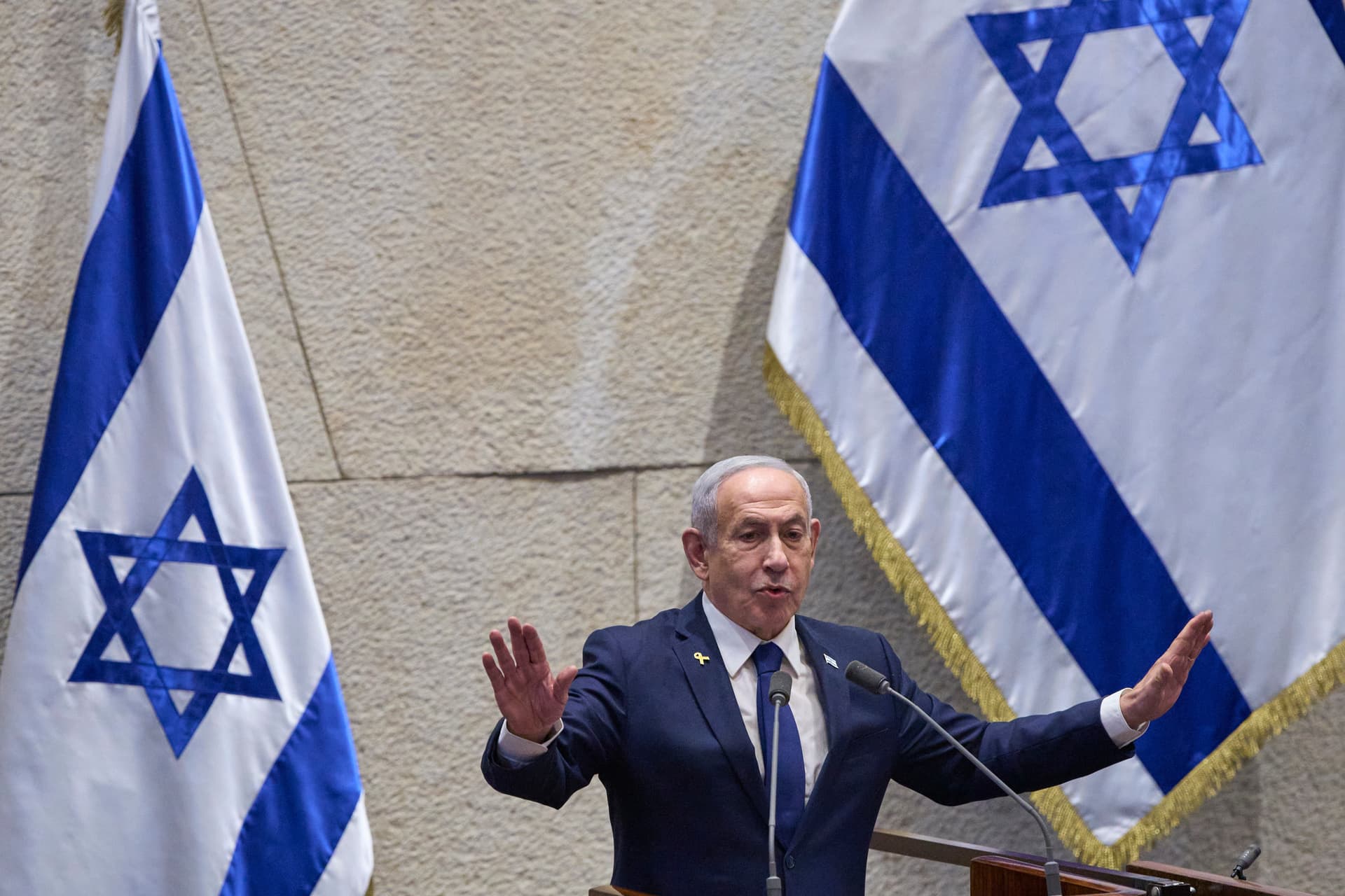 AP/Ohad Zwigenberg Prime Minister Benjamin Netanyahu addresses Israel's Knesset at Jerusalem on November 10, 2025.