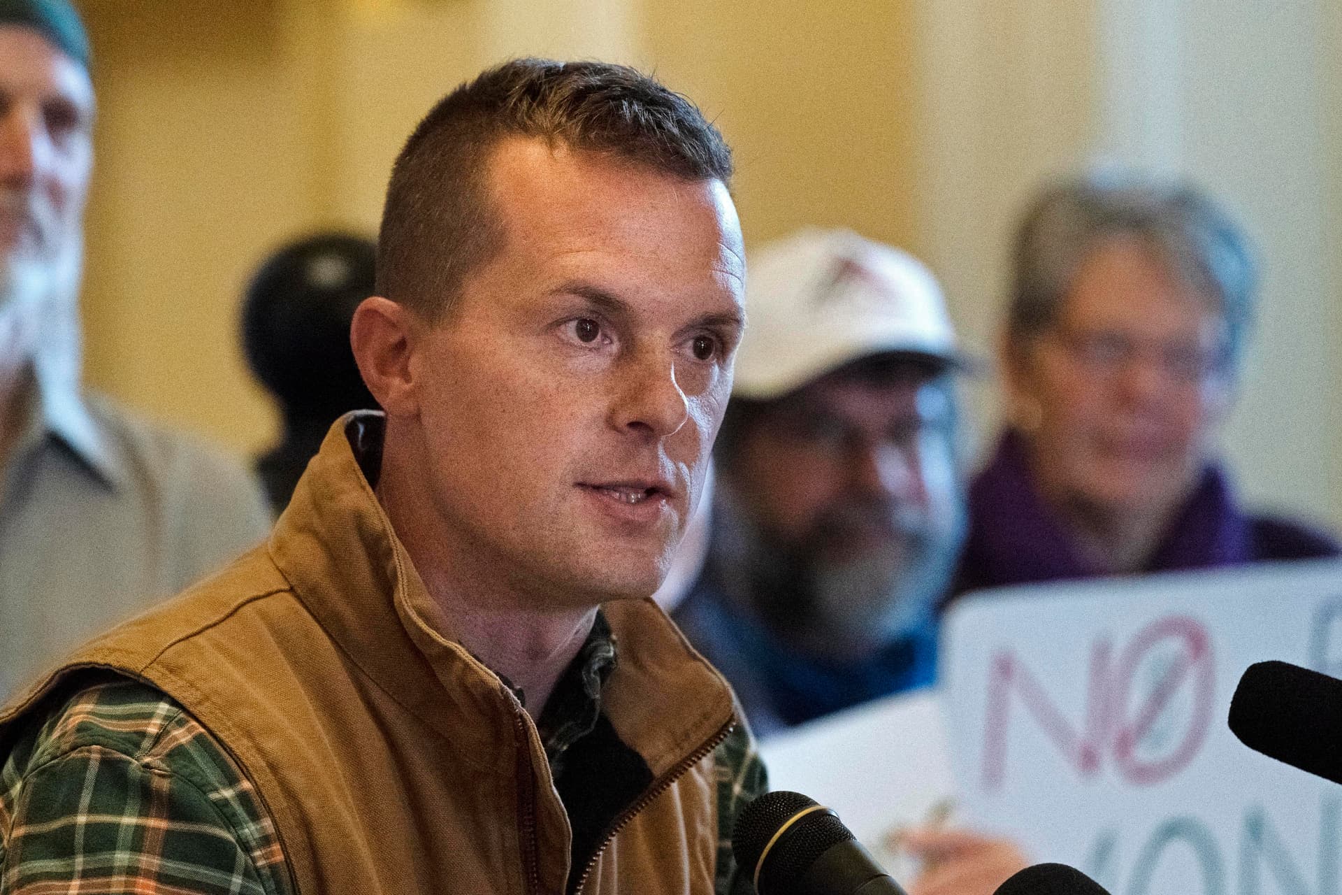 AP/Robert F. Bukaty Congressman Jared Golden at the Statehouse in Augusta, Maine. Golden was the only House Democrat to vote against a War Powers resolution on May 14.