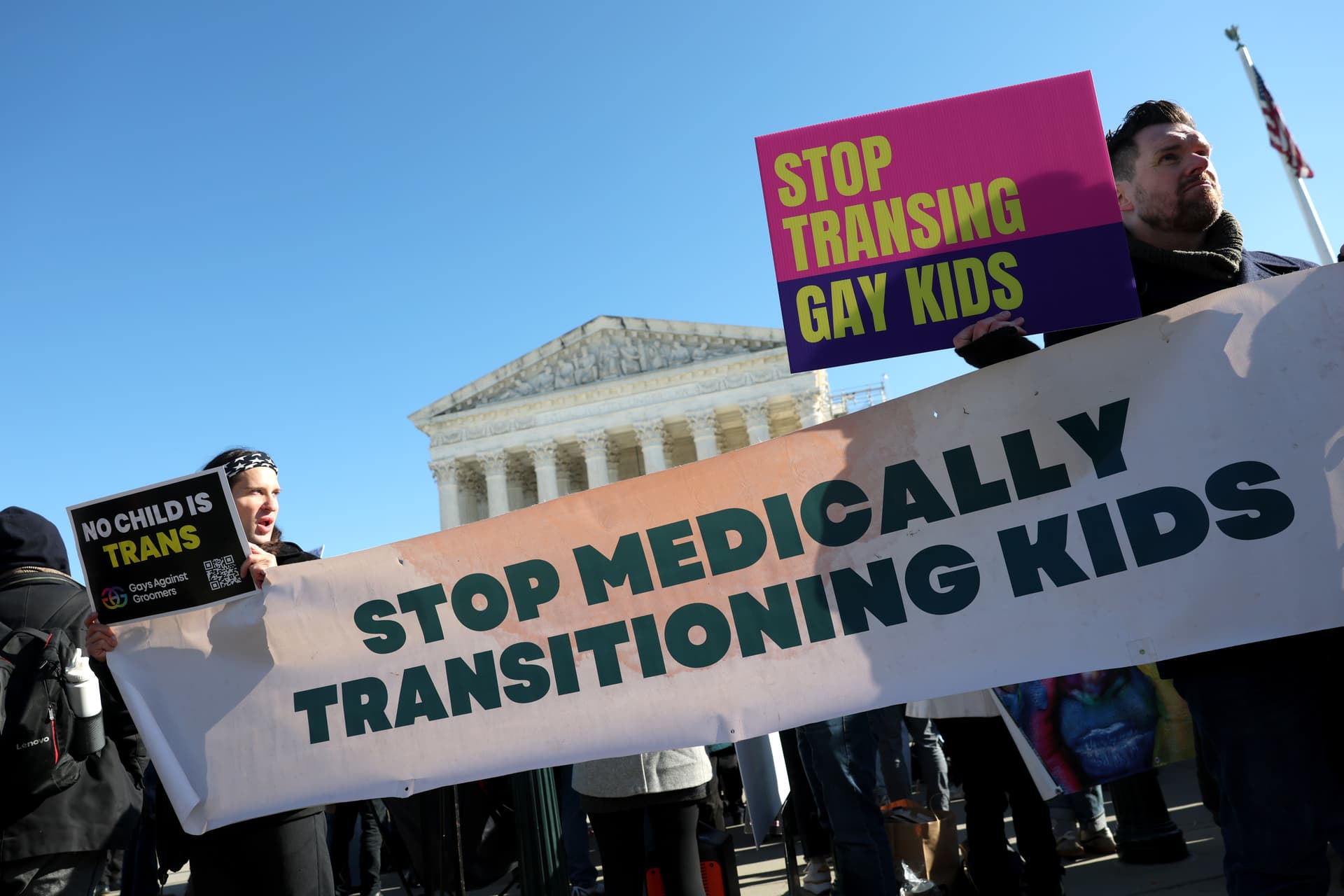 Kevin Dietsch/Getty Images Transgender rights supporters and opponents rally outside of the U.S. Supreme Court as the high court hears arguments in a case on transgender health rights at Washington, D.C., on December 4, 2024.