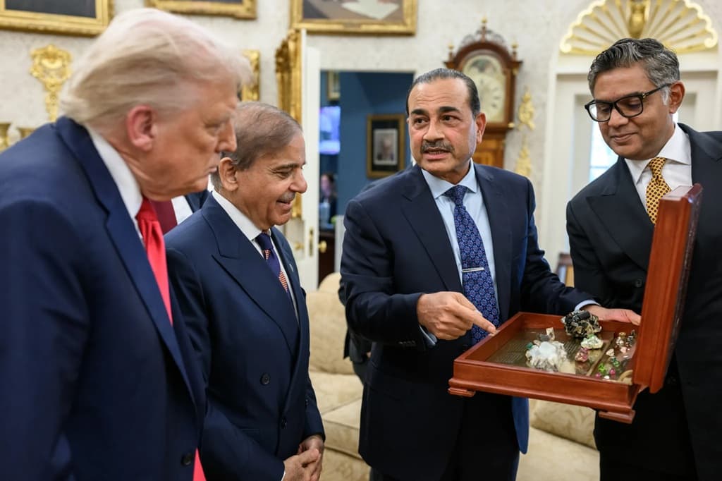 WhiteHouse.gov President Trump is shown rare earth minerals during an Oval Office meeting with Prime Minister Shehbaz Sharif and Field Marshal Asim Munir of Pakistan at Washington, September 26, 2025.