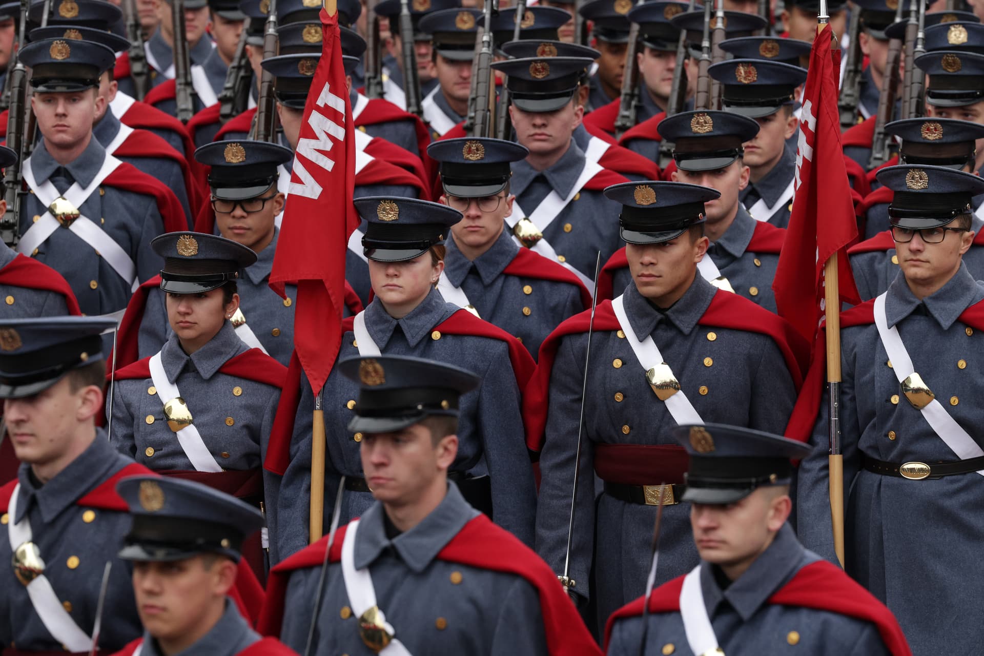 Alex Wong/Getty Images Cadets from the Virginia Military Institute participate in a parade during Governor Abigail Spanberger’s inauguration ceremony at Richmond on January 17, 2026.