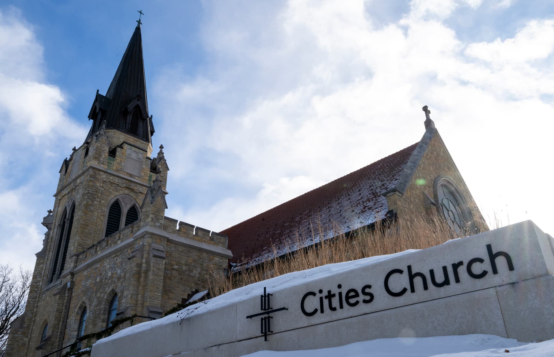 Stephen Maturen/Getty Images A general view outside Cites Church on January 22, 2026 located on St. Paul, Minnesota's prestigious Summit Avenue.