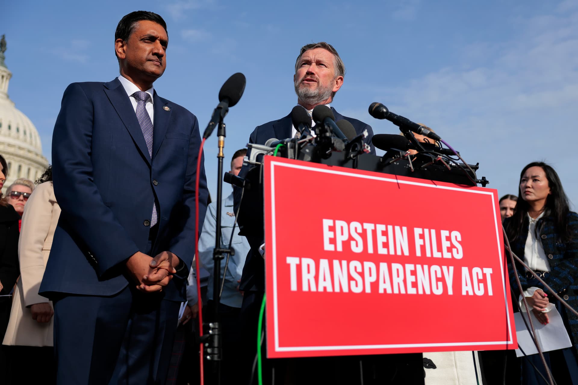 Heather Diehl/Getty Images Representatives Thomas Massie and Ro Khanna speak to reporters about the Epstein Files Transparency Act outside the U.S. Capitol on November 18, 2025.