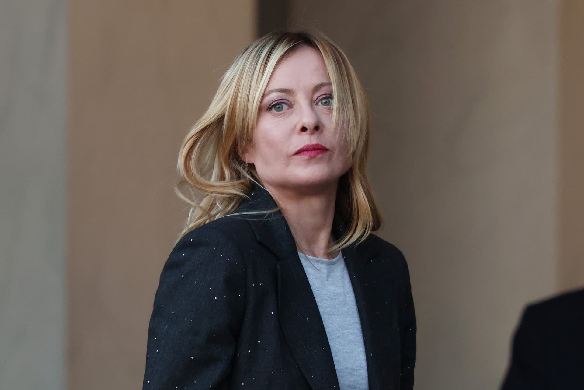 Tom Nicholson/Getty Images Prime Minister Giorgia Meloni arrives at the Elysee Palace on January 6, 2026 at Paris.