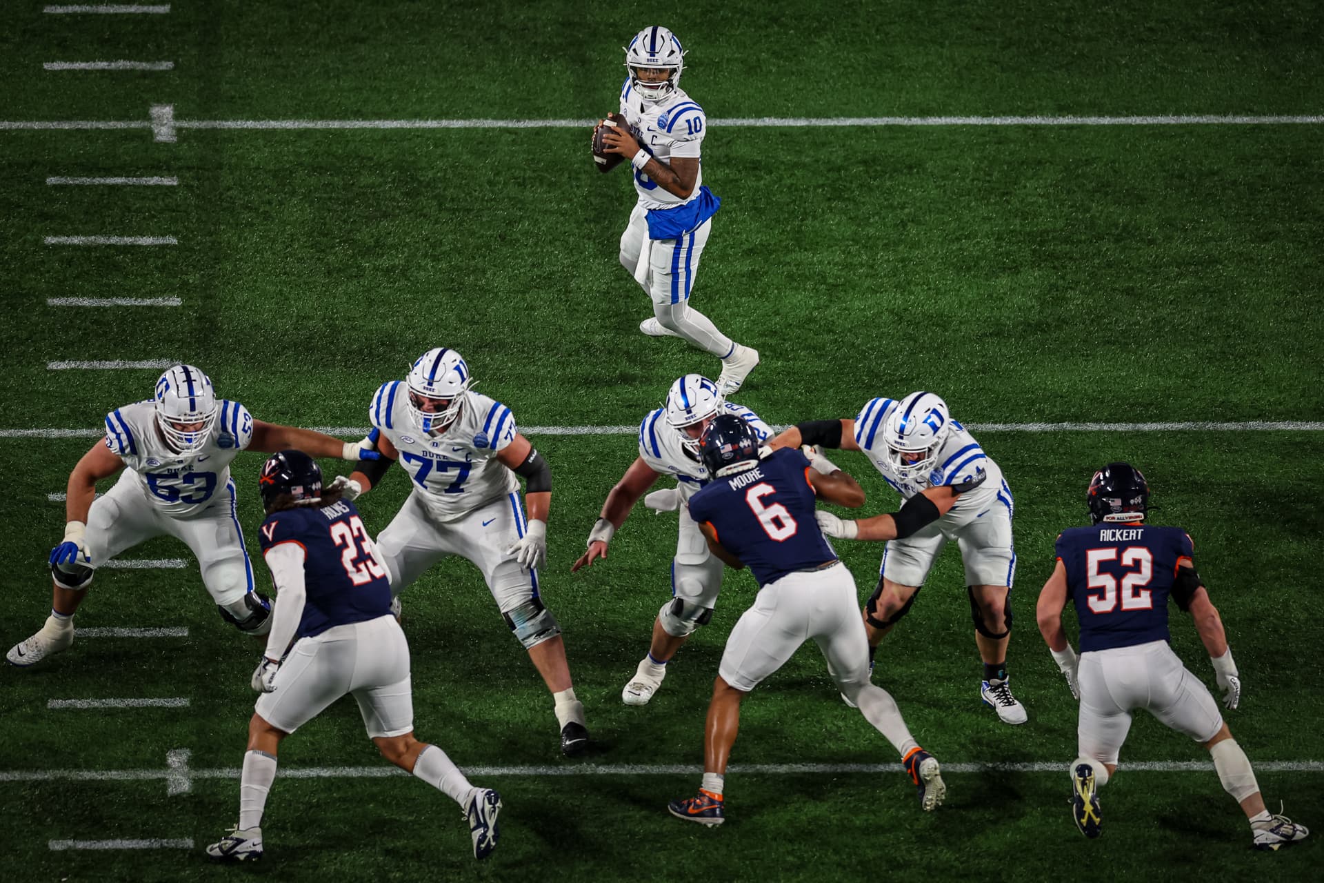 David Jensen/Getty Images Darian Mensah of the Duke Blue Devils looks to pass the ball during the first half of the 2025 ACC Football Championship against the Virginia Cavaliers at Bank of America Stadium on December 6, 2025, at Charlotte, North Carolina.