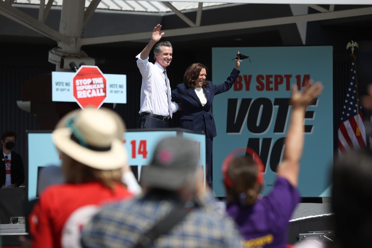 Justin Sullivan/Getty Images Governor Gavin Newsom, left, and Vice President Harris, right, on September 08, 2021 at San Leandro, California.