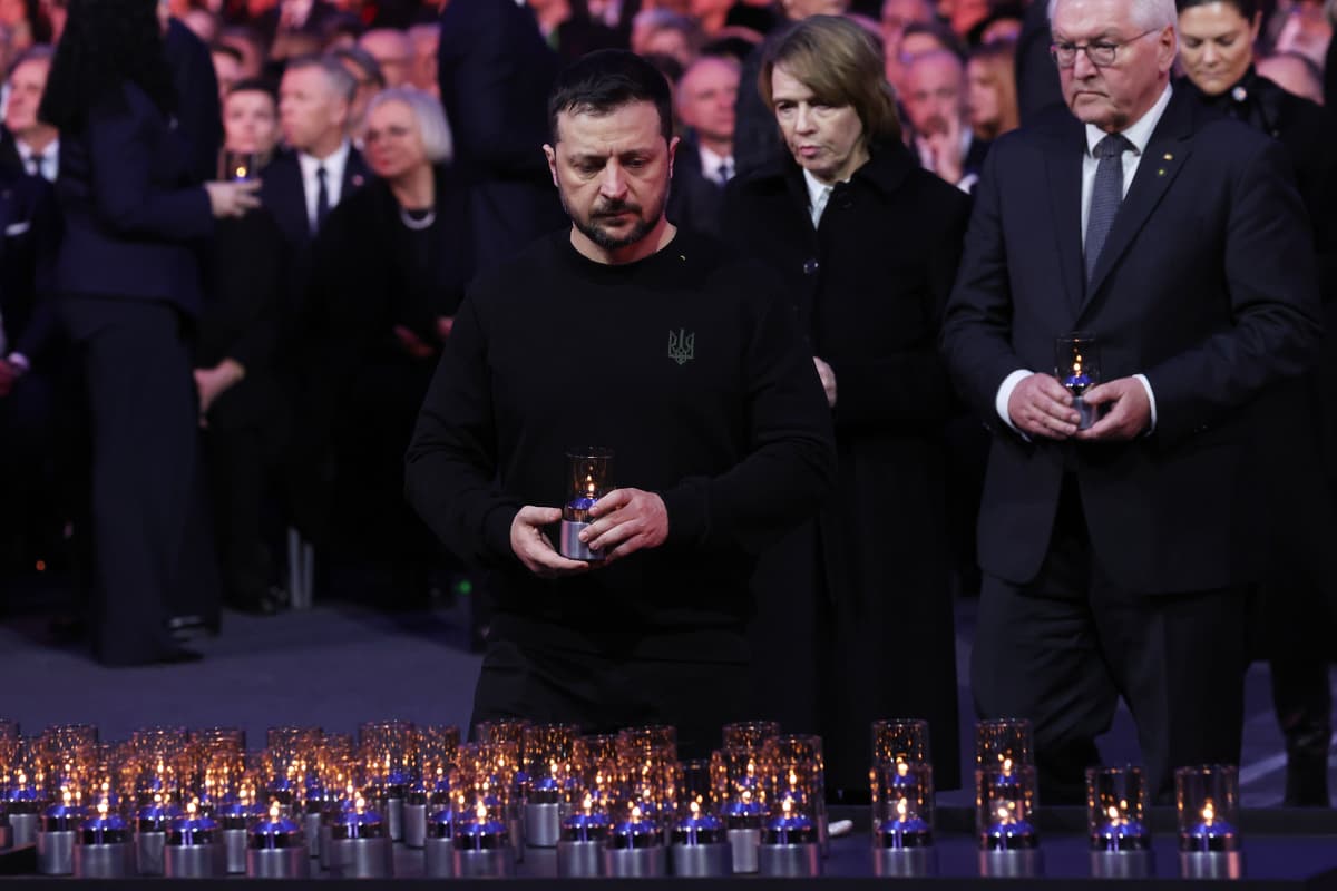 Sean Gallup/Getty Images President Volodymyr Zelensky at a ceremony marking the 80th anniversary of the liberation of Auschwitz on January 27, 2025 at Oswiecim, Poland.