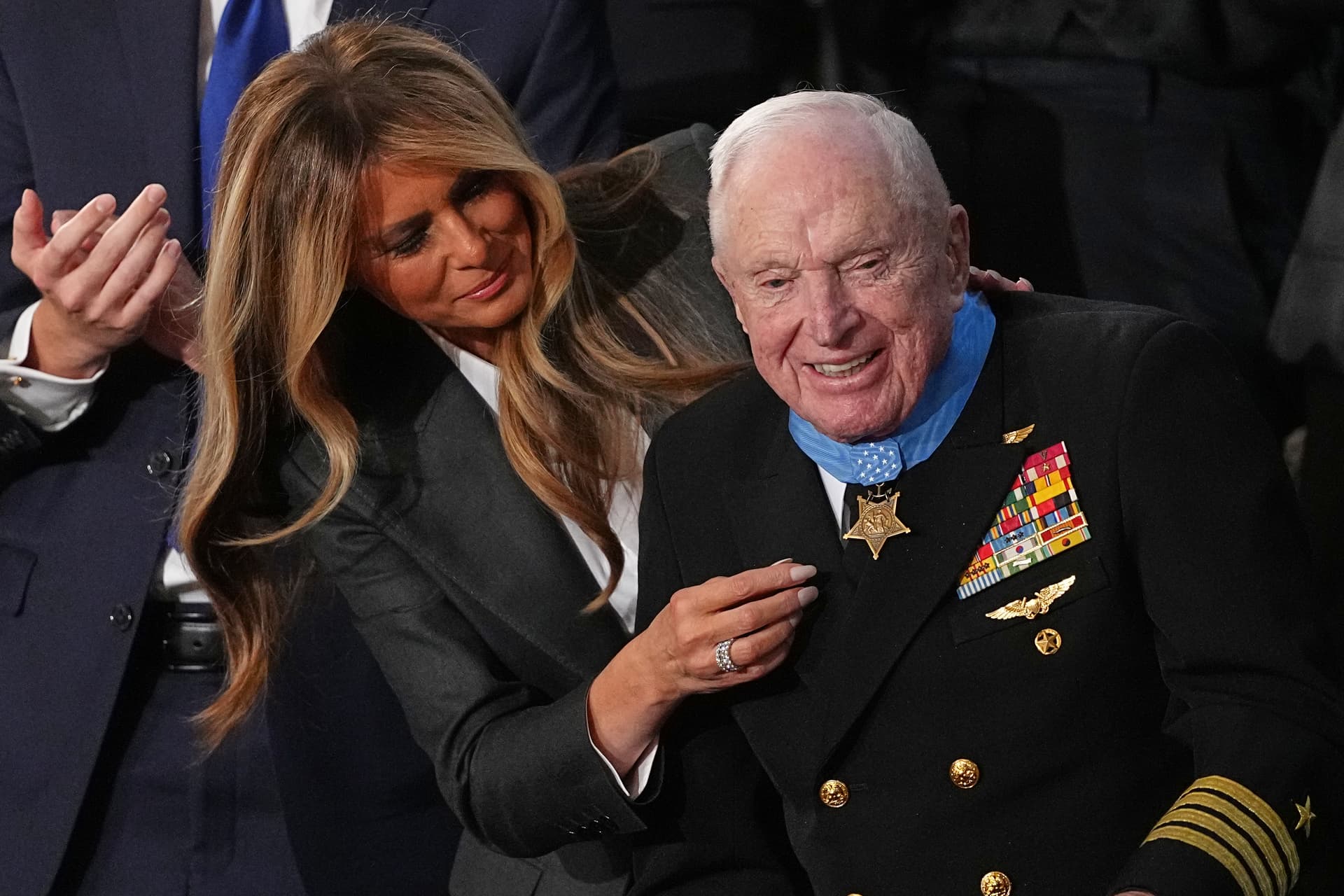 AP/Matt Rourke First Lady Melania Trump presents the Congressional Medal of Honor to World War II Navy pilot Captain Royce Williams as President Trump delivers the State of the Union, February 24, 2026.