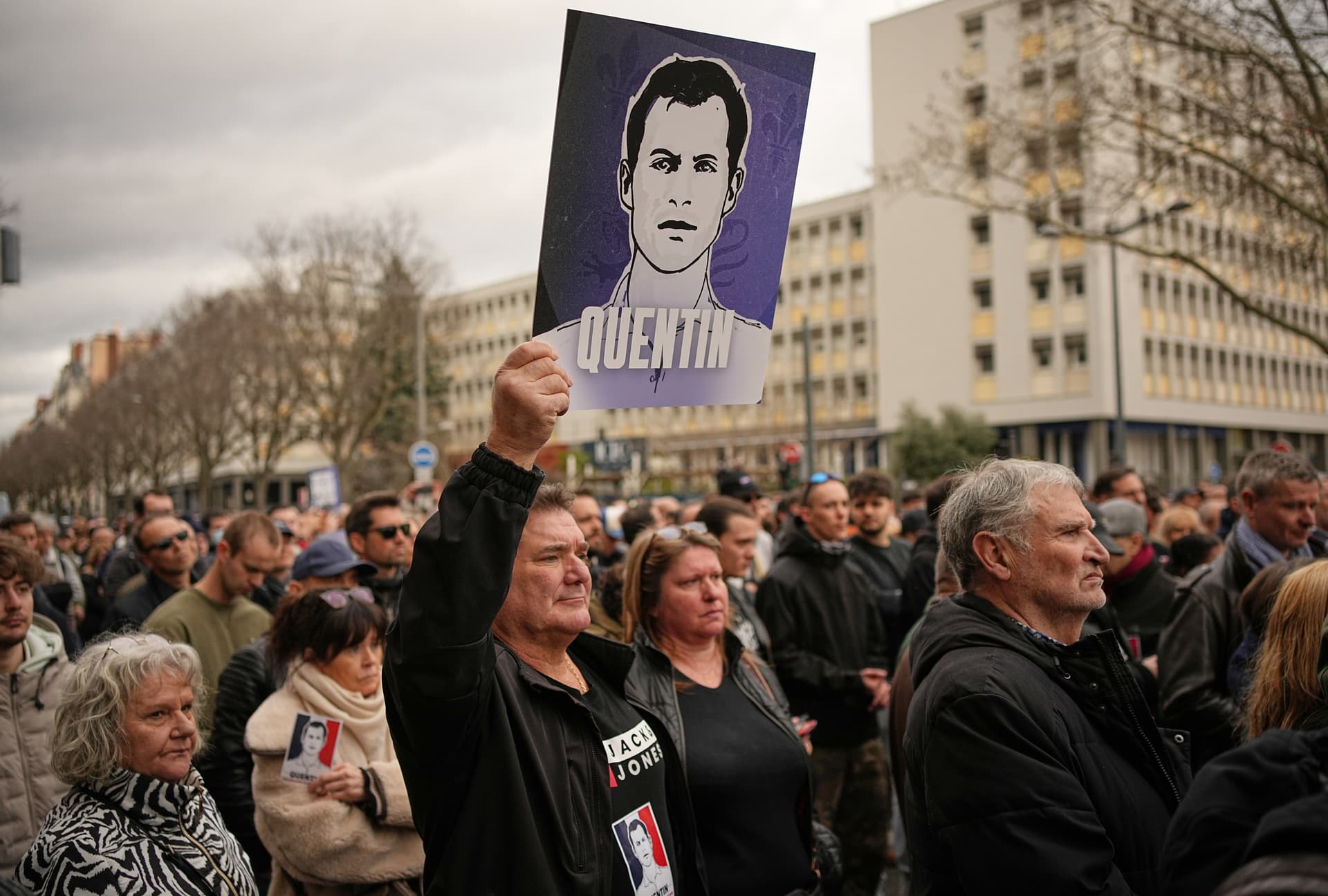 Laurent Cipriani/AP Protesters march to pay tribute to right-wing activist Quentin Deranque at Lyon, France, on February 21, 2026.