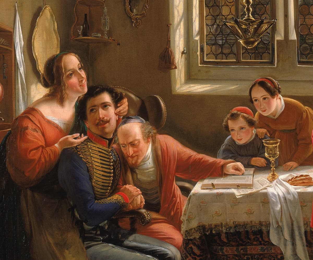Via Wikipedia Commons 'The Return of the Jewish Volunteer from the Wars of Liberation to His Family Still Living According to Old Customs,' Daniel Moritz Oppenheim, 1833-34. Detail.