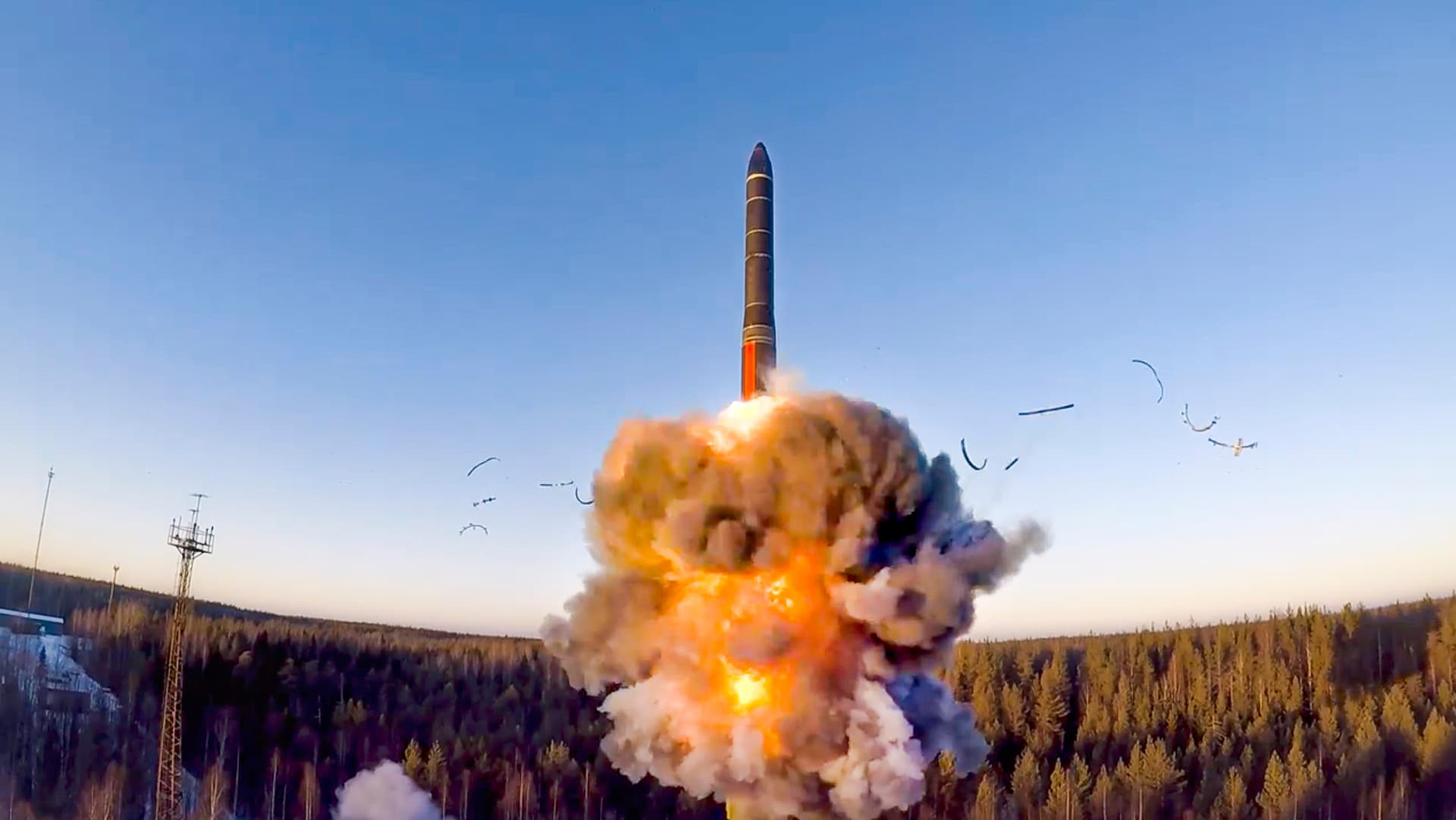 Russian Defense Ministry Press Service via AP A Russian rocket heads skyward during a ground-based intercontinental ballistic missile test in northwestern Russia on December 9, 2020.