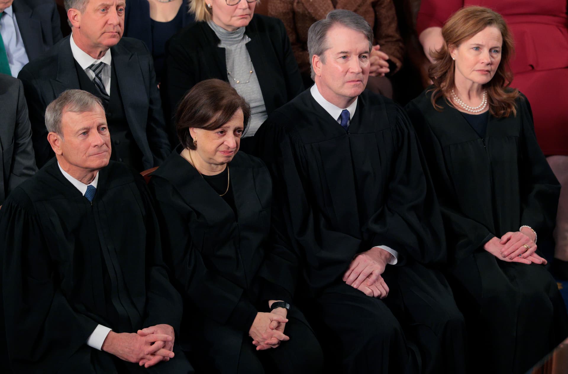 Chip Somodevilla/Getty Images Chief Justice John Roberts and Associate Justices Elena Kagan, Brett Kavanaugh, and Amy Coney Barrett attend the State of the Union address at the U.S. Capitol on February 24, 2026.