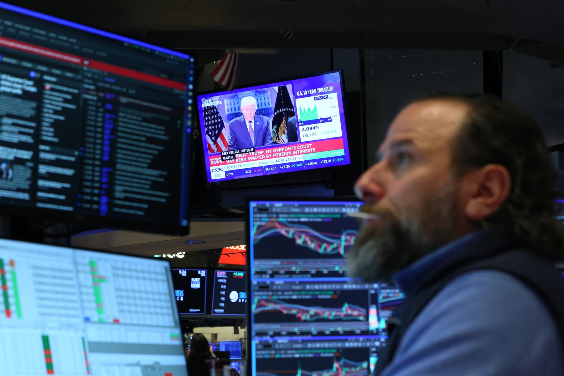 Michael M. Santiago/Getty Images A trader on the New York Stock Exchange monitors a television as President Trump responds to the Supreme Court ruling on his ‘Liberation Day’ tariffs on February 20, 2026.