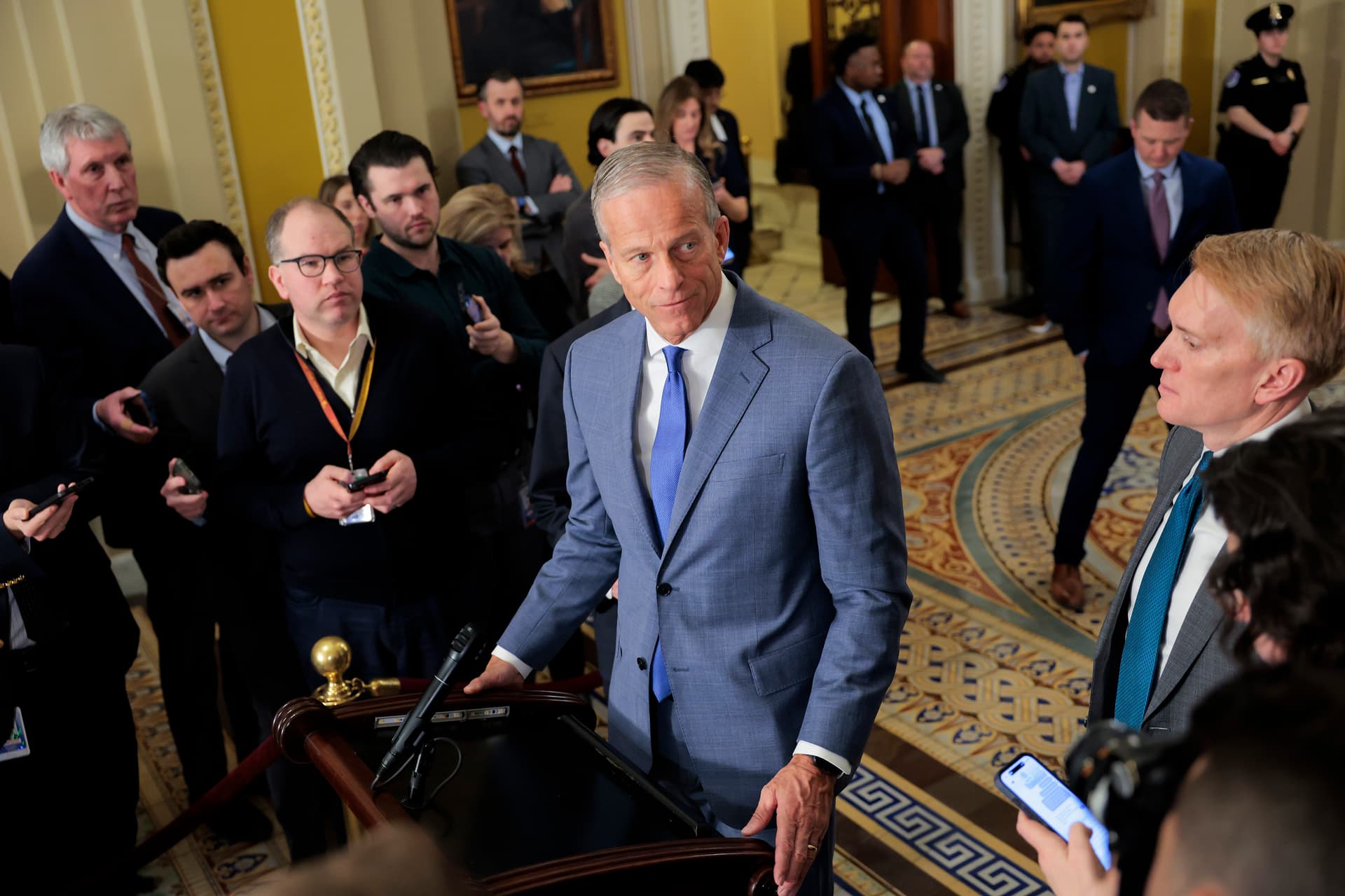 Heather Diehl/Getty Images The Senate majority leader, John Thune, discusses the GOP legislative agenda with reporters at the U.S. Capitol on February 25, 2026.