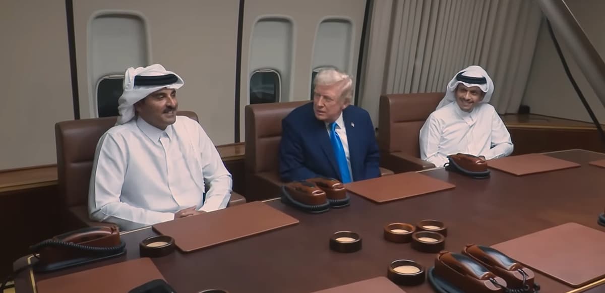 White House via YouTube President Trump participates in a meeting with the emir and prime minister of Qatar aboard Air Force One on October 25, 2025.