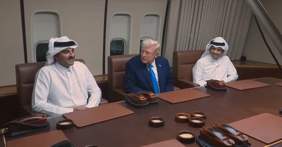 White House via YouTube President Trump participates in a meeting with the emir and prime minister of Qatar aboard Air Force One on October 25, 2025.