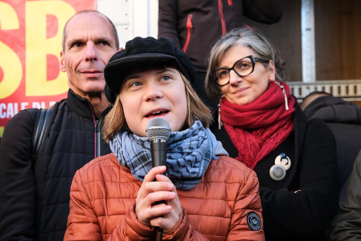 Emanuela Zampa/Getty Images Yanis Varoufakis (L), Greta Thunberg (C) and Francesca Albanese (R) attend a protest against Italy's defense funding on November 28, 2025.