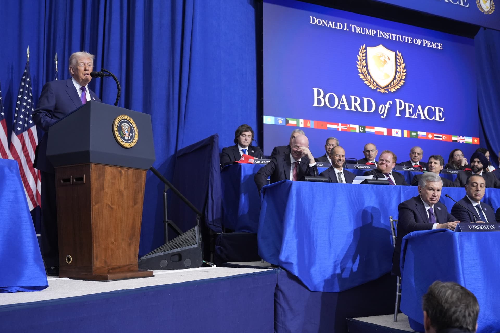AP/Mark Schiefelbein President Trump speaks during a Board of Peace meeting at the U.S. Institute of Peace, February 19, 2026, at Washington.