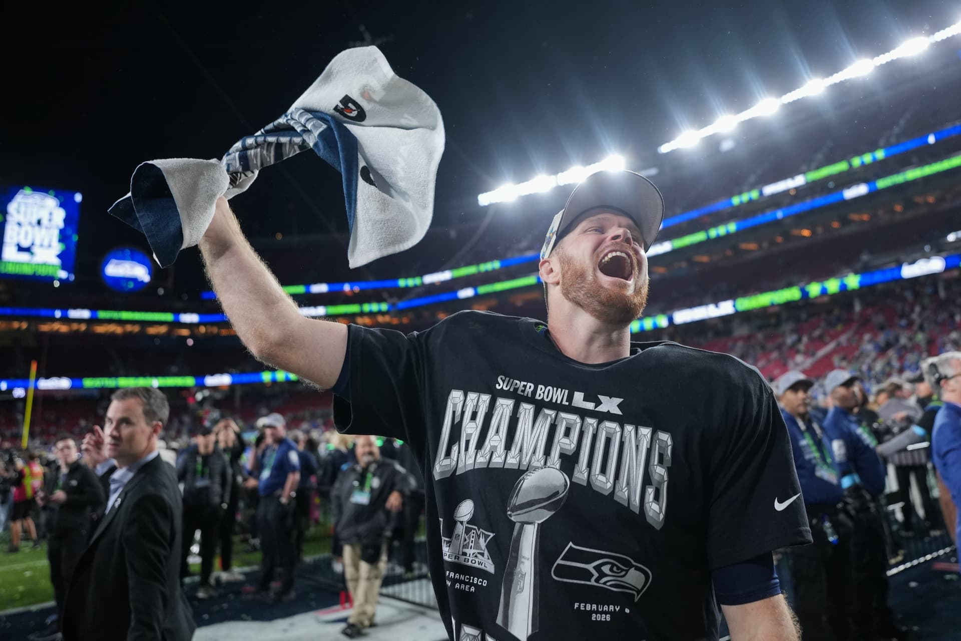 AP/Matt Slocum The Seattle Seahawks' quarterback, Sam Darnold, celebrates after a win over the New England Patriots in the Super Bowl on February 8, 2026.