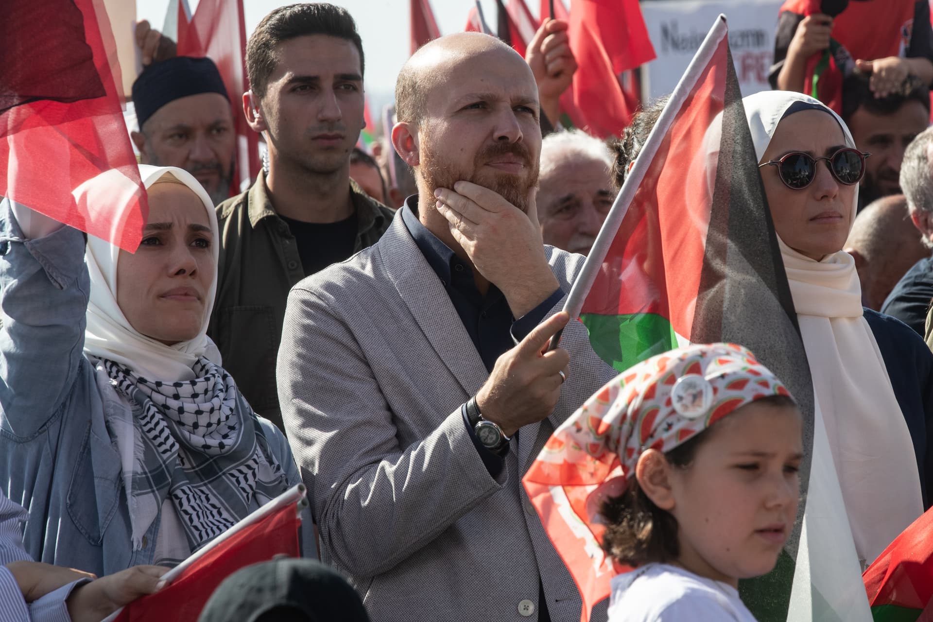 Burak Kara/Getty Images Children of the Turkish president, Recep Tayyip Erdogan, at a pro-Palestinian rally on October 6, 2024 at Istanbul. Left to right: Esra Albayrak Erdogan, Bilal Erdogan, and Sumeyye Erdogan.