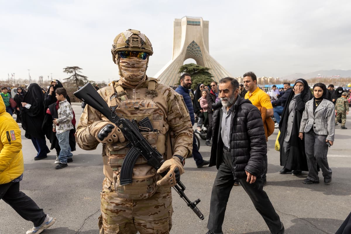 Majid Saeedi/Getty Images An Iranian special forces agent patrols during commemorations to mark the anniversary of the 1979 Iranian Revolution on February 11, 2026.
