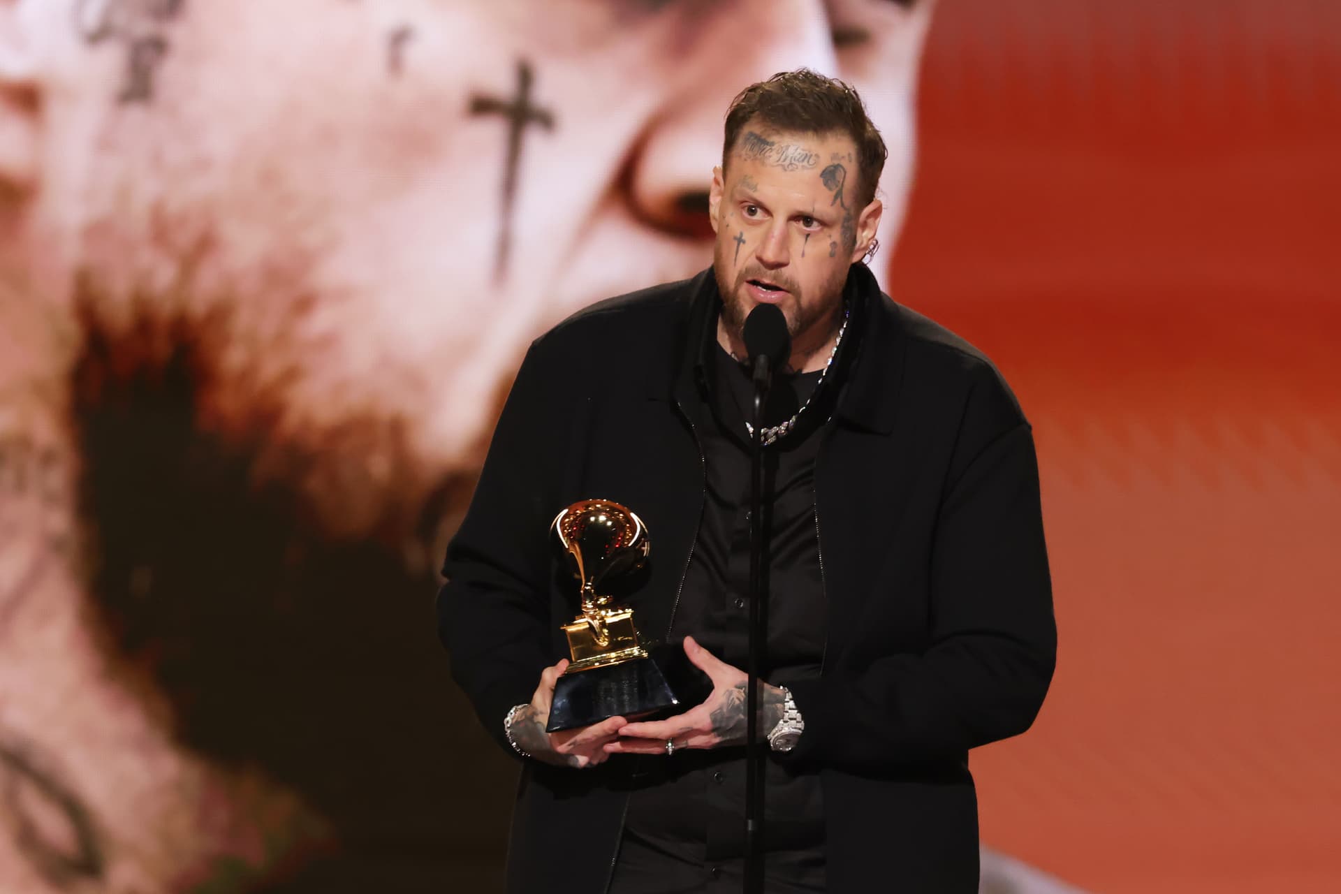 Kevin Winter/Getty Images for the Recording Academy Jelly Roll accepts a Grammy award on February 1, 2026 at Los Angeles.