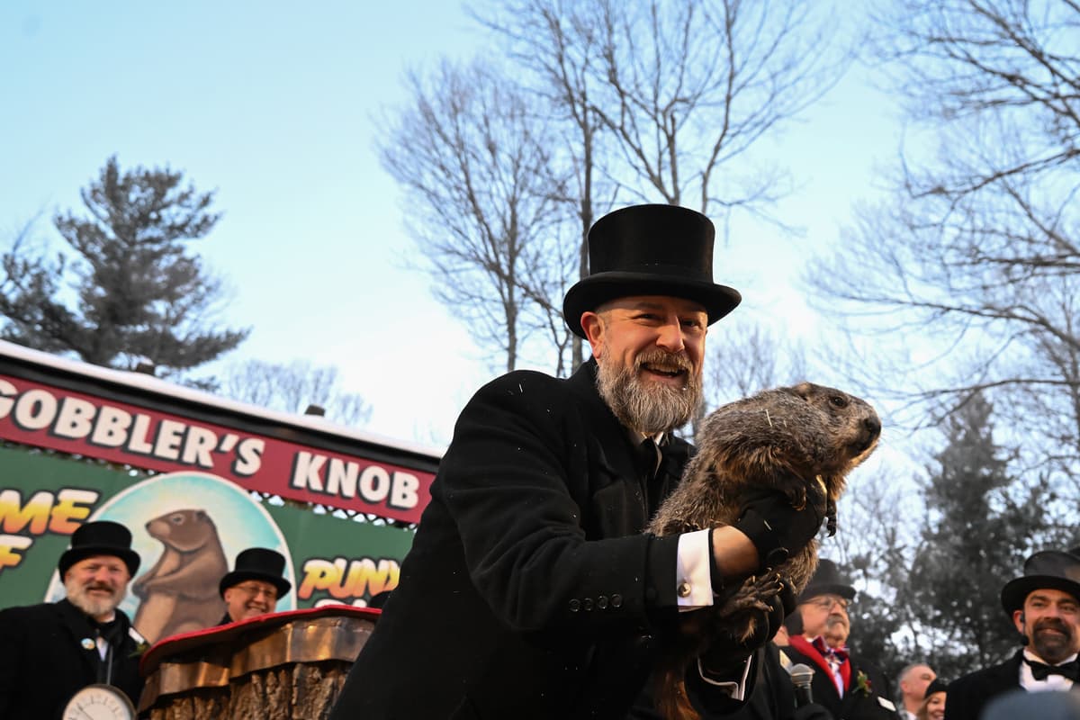 AP/Barry Reeger Handler A.J. Dereume holds Punxsutawney Phil, the weather prognosticating groundhog, during the 140th celebration of Groundhog Day on Gobbler's Knob at Punxsutawney, Pennsylvania, February 2, 2026.