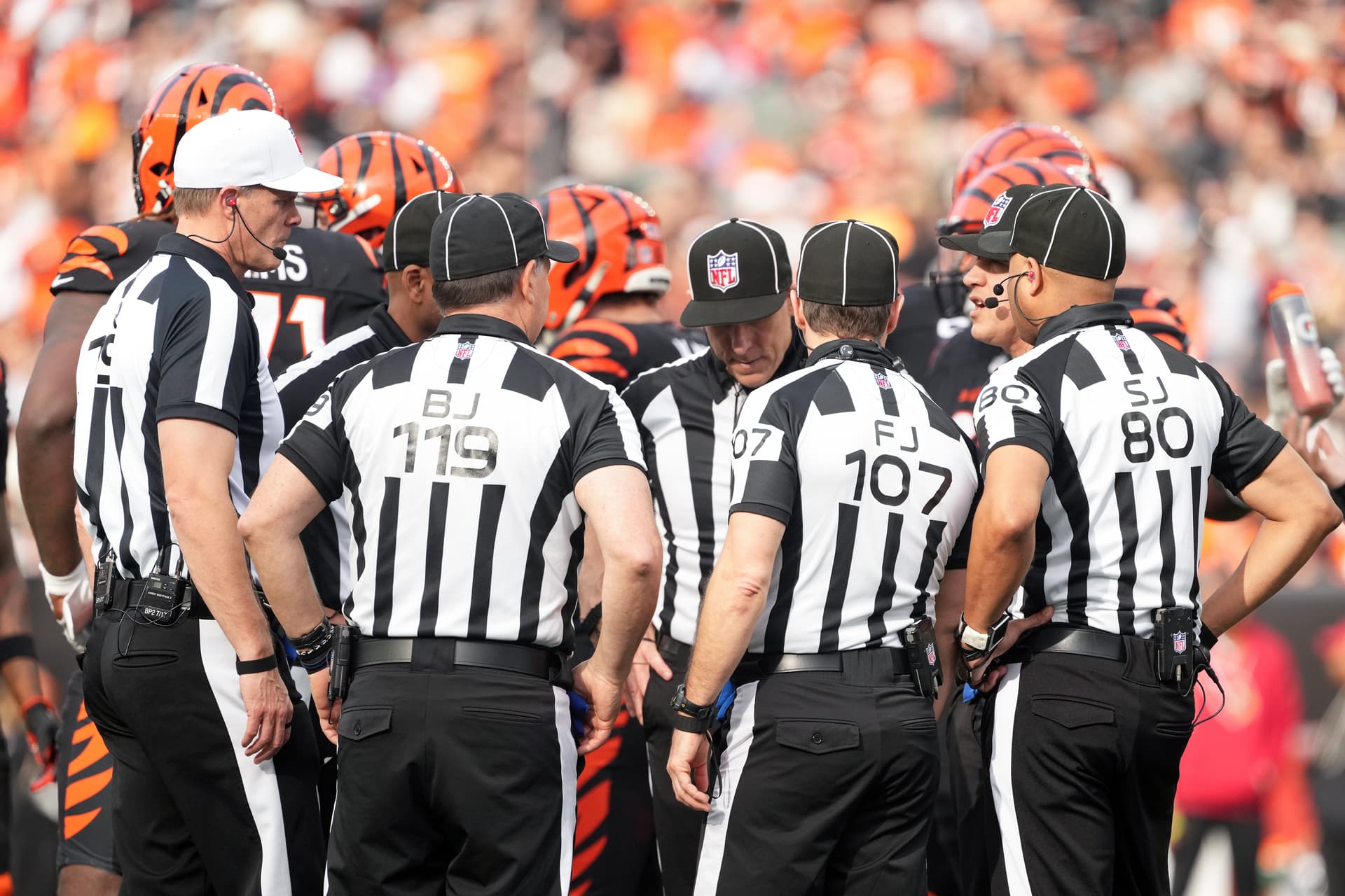 Kareem Elgazzar/AP Members of the officiating crew consult during an NFL football game between the Arizona Cardinals and the Cincinnati Bengals at Cincinnati on December 28, 2025.