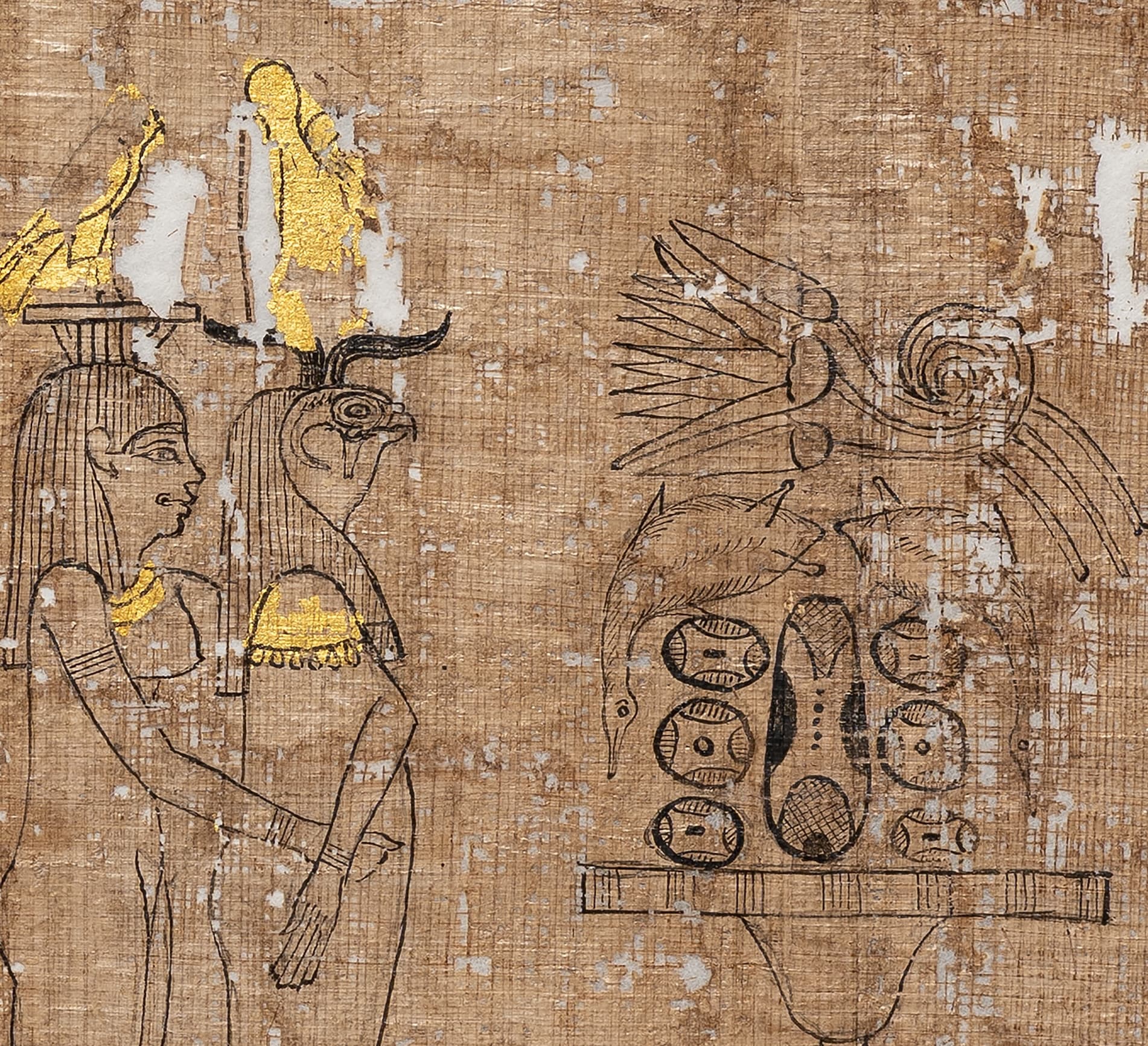 Via Brooklyn Museum 'Illustrated Book of the Dead,' 305-30 B.C.E. Papyrus, ink, gold, and paper. Detail.