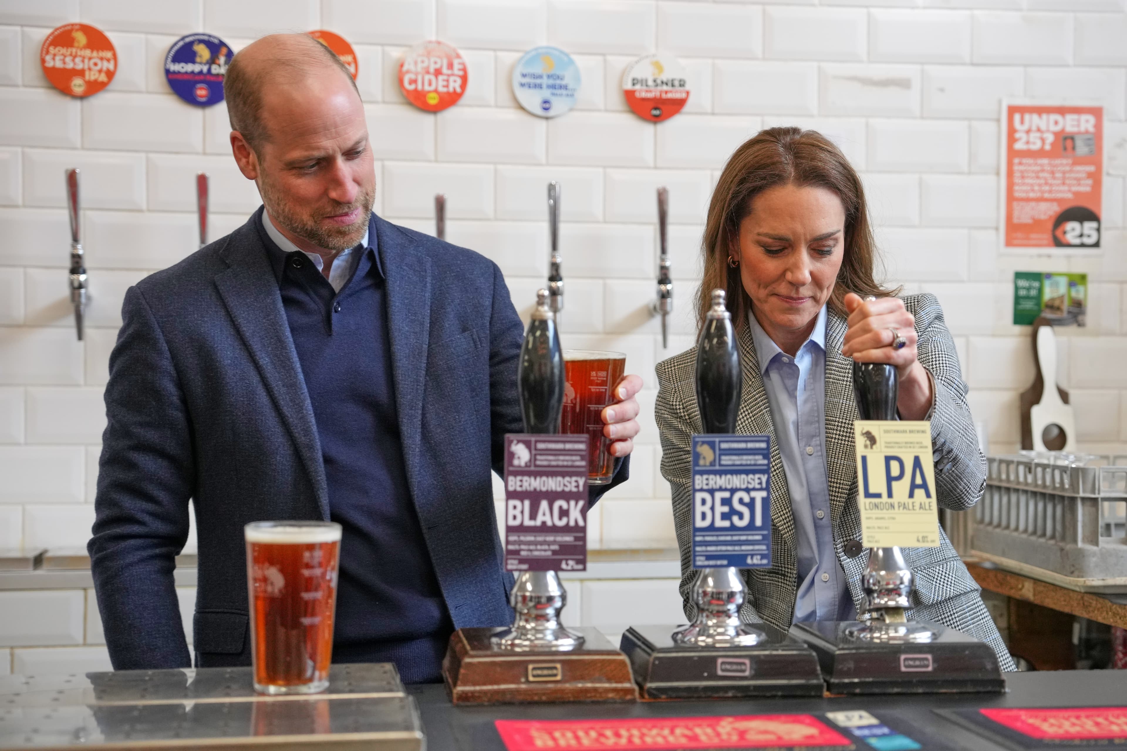 Prince William and his wife, Kate, draw beers during a visit to the Southwark Brewing Company at London on March 12, 2026. Prince William and his wife, Kate, draw beers during a visit to the Southwark Brewing Company at London on March 12, 2026.
