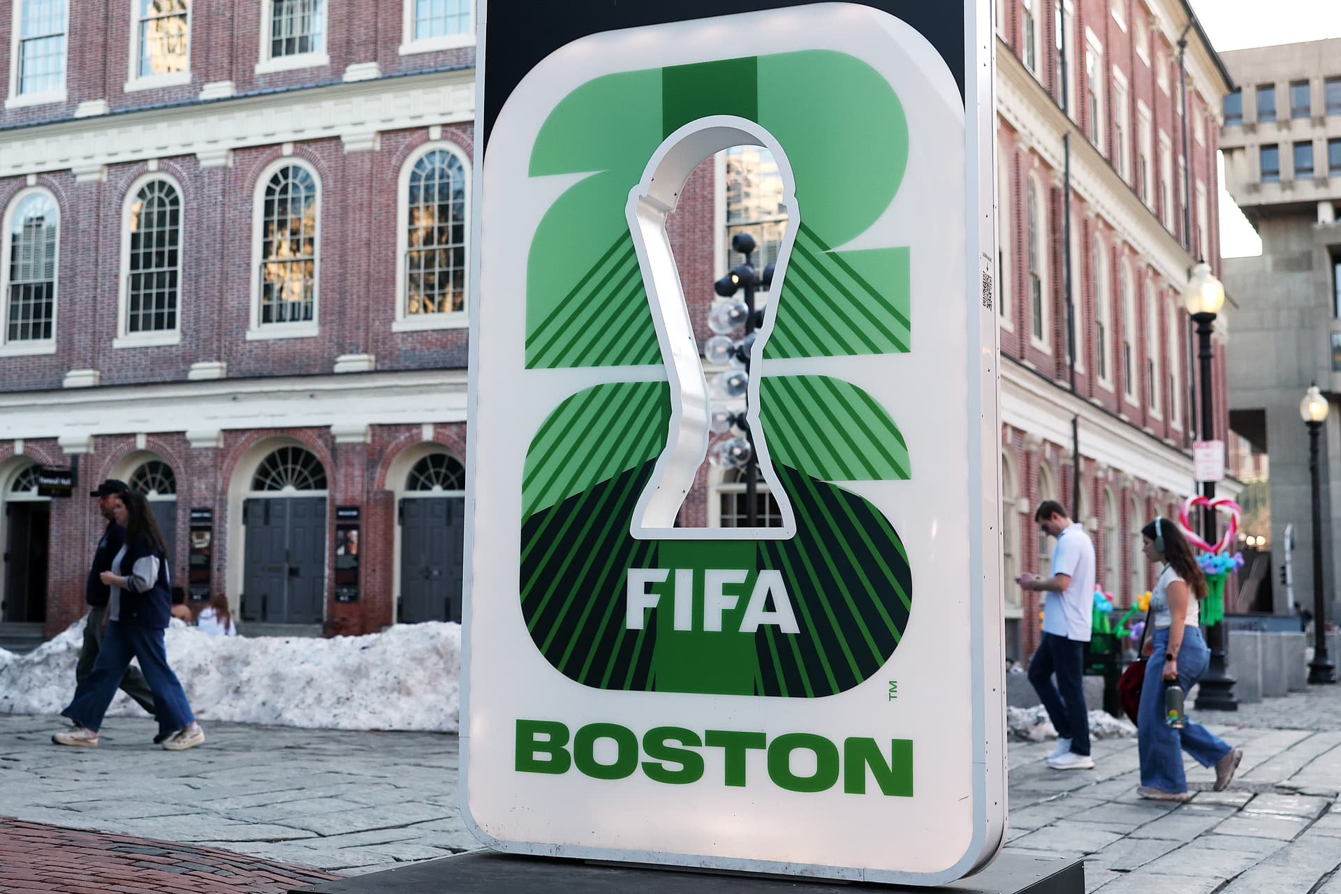 Maddie Meyer/Getty Images A sign advertising the FIFA World Cup 2026 is seen outside of Faneuil Hall Marketplace on March 10, 2026 in Boston, Massachusetts.