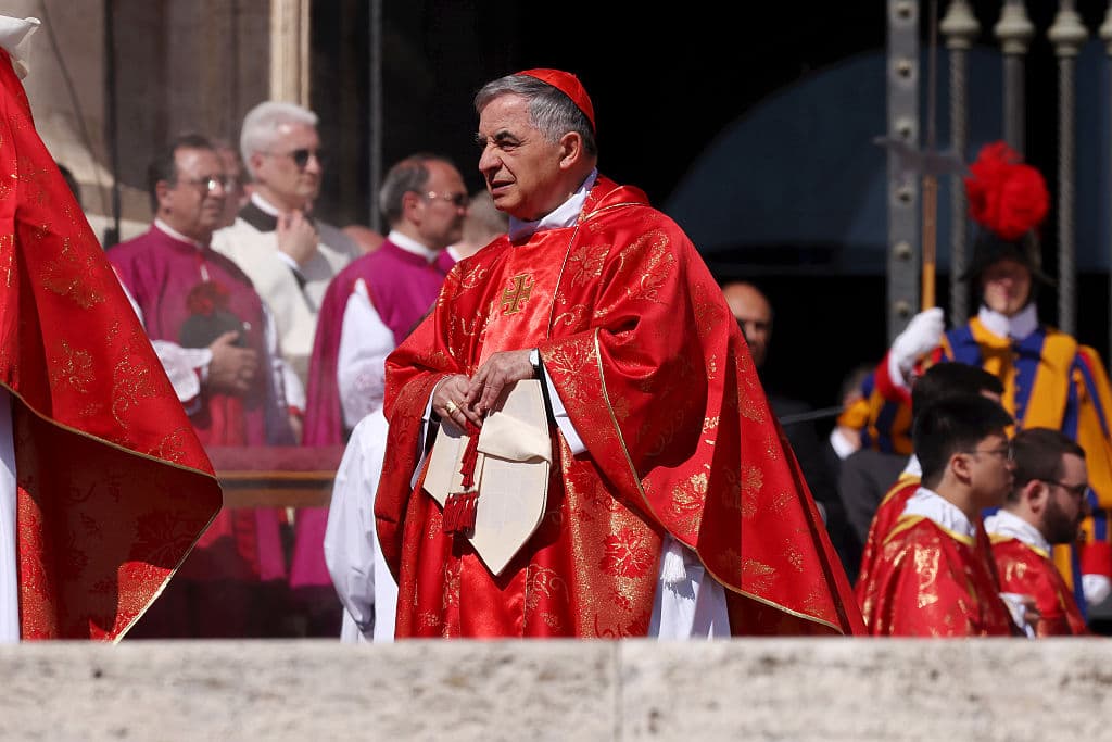 Franco Origlia/Getty Images Giovanni Angelo Cardinal Becciu attends the funeral of Pope Francis in St. Peter’s Square on April 26, 2025 at Vatican City.