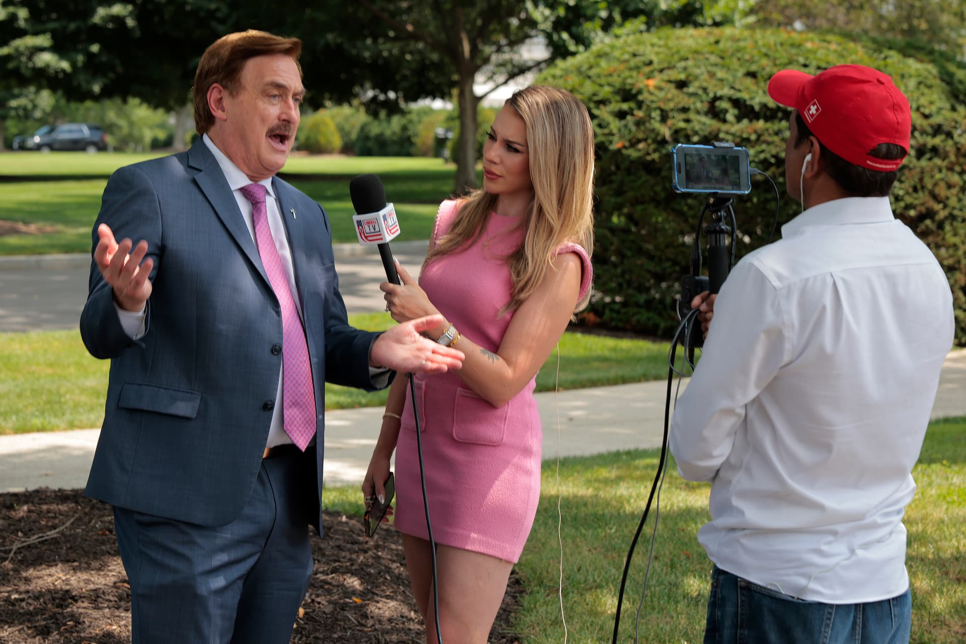 Chip Somodevilla/Getty Images MyPillow founder Mike Lindell talks to a Lindell TV reporter outside the White House on July 24, 2025.