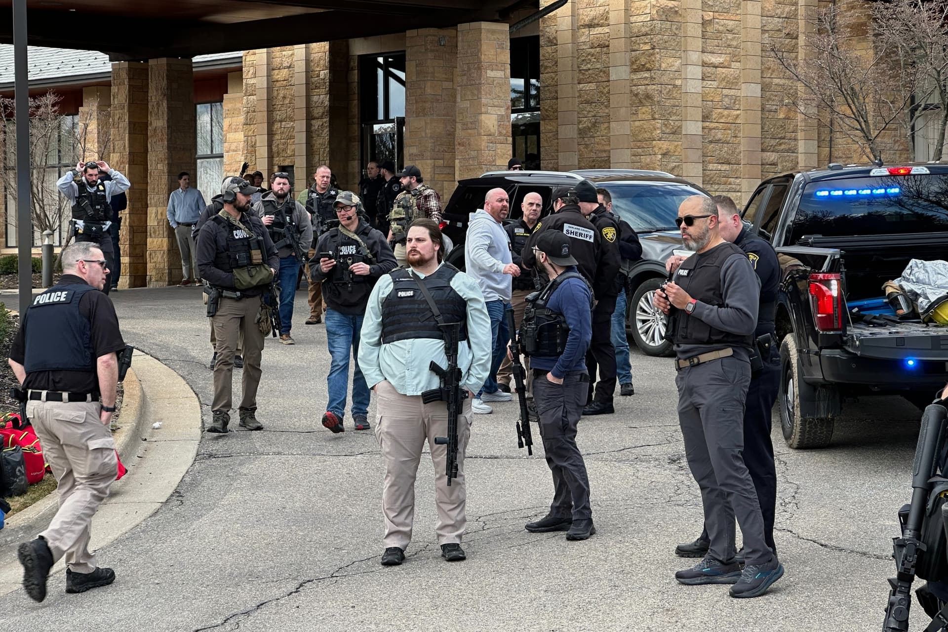 Corey Williams/AP Law enforcement officers respond to a call at Temple Israel synagogue at West Bloomfield Township, Michigan, on March 12, 2026.