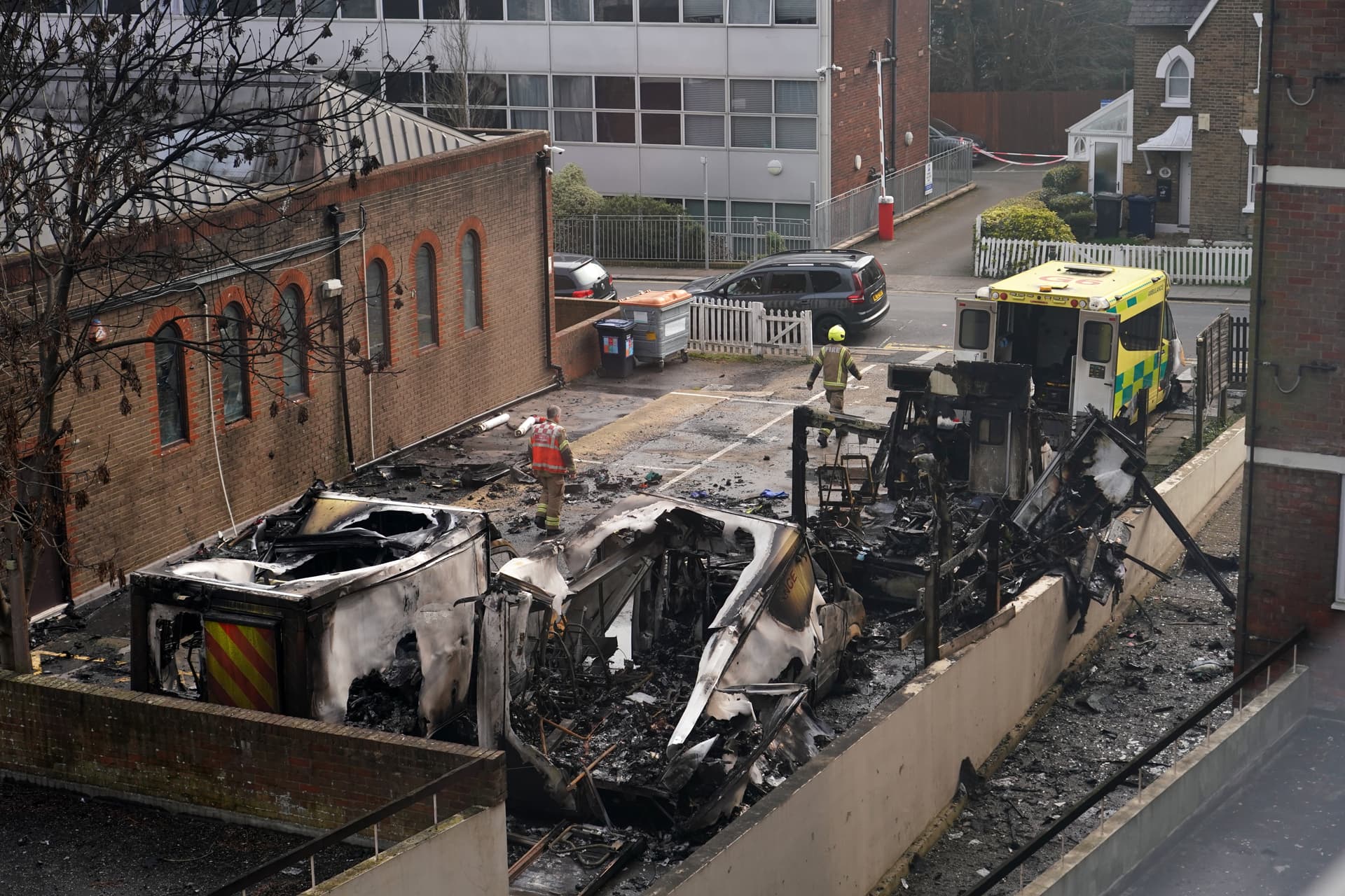 AP/Alberto Pezzali Burnt Hatzola ambulances in a car park at Golders Green in London, Monday, March 23, 2026 after an apparent arson attack.