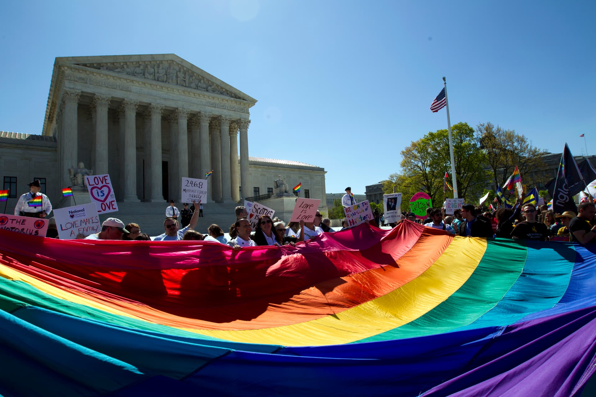 AP/Jose Luis Magana Demonstrators outside the Supreme Court as justices weighed the issue of same-sex marriage in 2015.