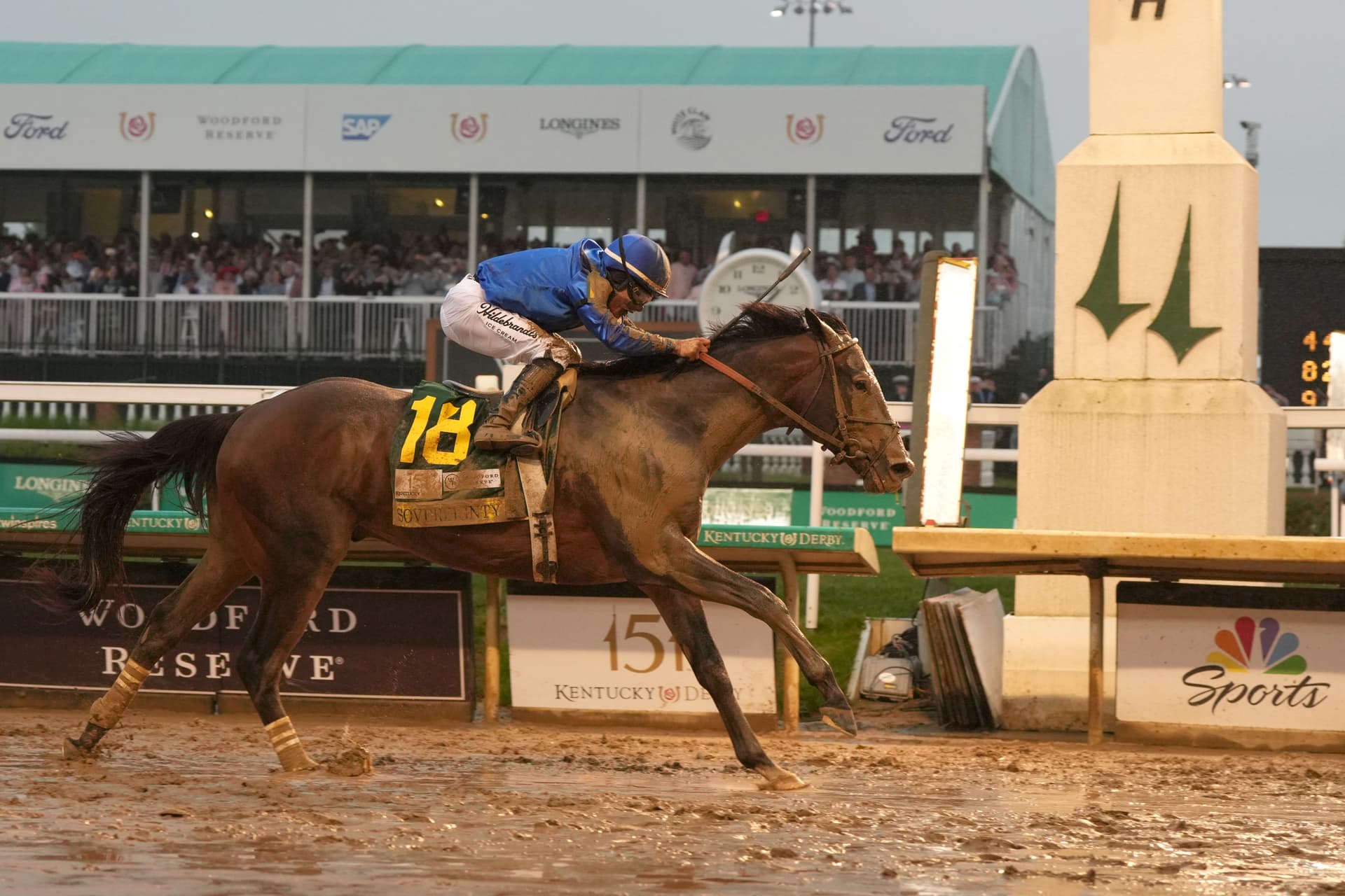 Grace Bradley/Getty Images Sovereignty, ridden by jockey Junior Alvarado, crosses the finish line to win the 151st running of the Kentucky Derby at Churchill Downs on May 3, 2025 in Louisville, Kentucky.