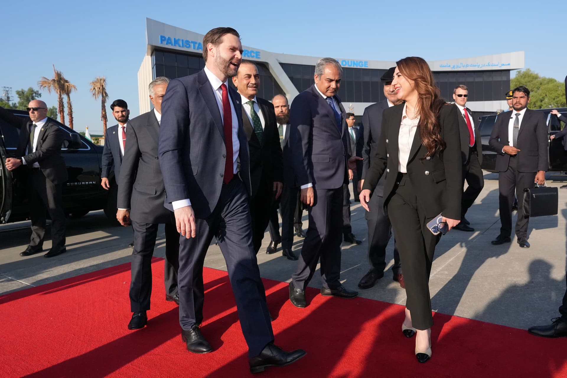 Jacquelyn Martin/Pool via AP Vice President Vance walks with Pakistan’s deputy prime minister and foreign minister and other officials after attending talks on Iran at Islamabad, Pakistan, on April 12, 2026.